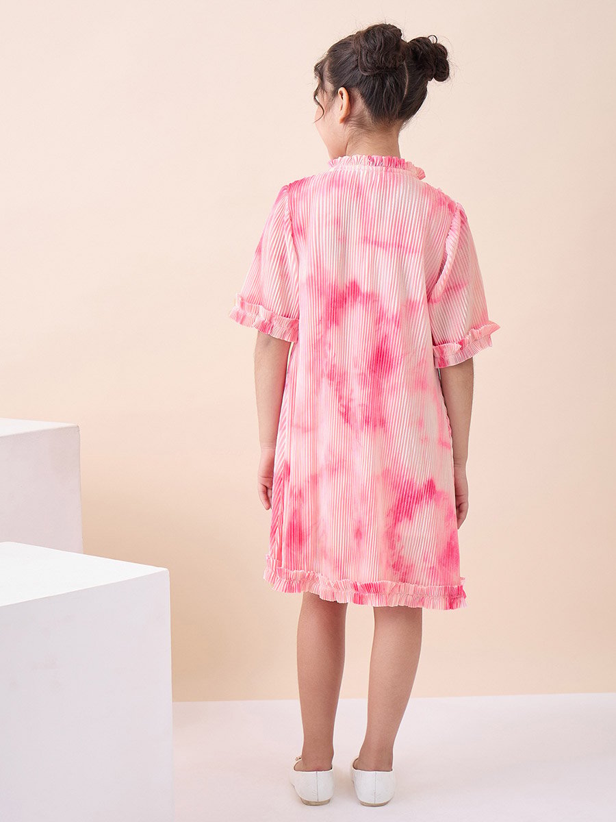 Girls Tie and Dye All over Print Round Neck Elbow Sleeves A-Line Dress