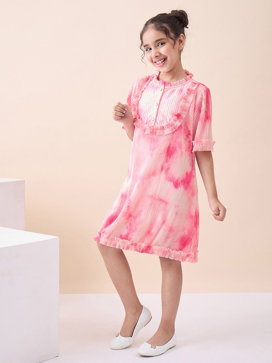 Girls Tie and Dye All over Print Round Neck Elbow Sleeves A-Line Dress