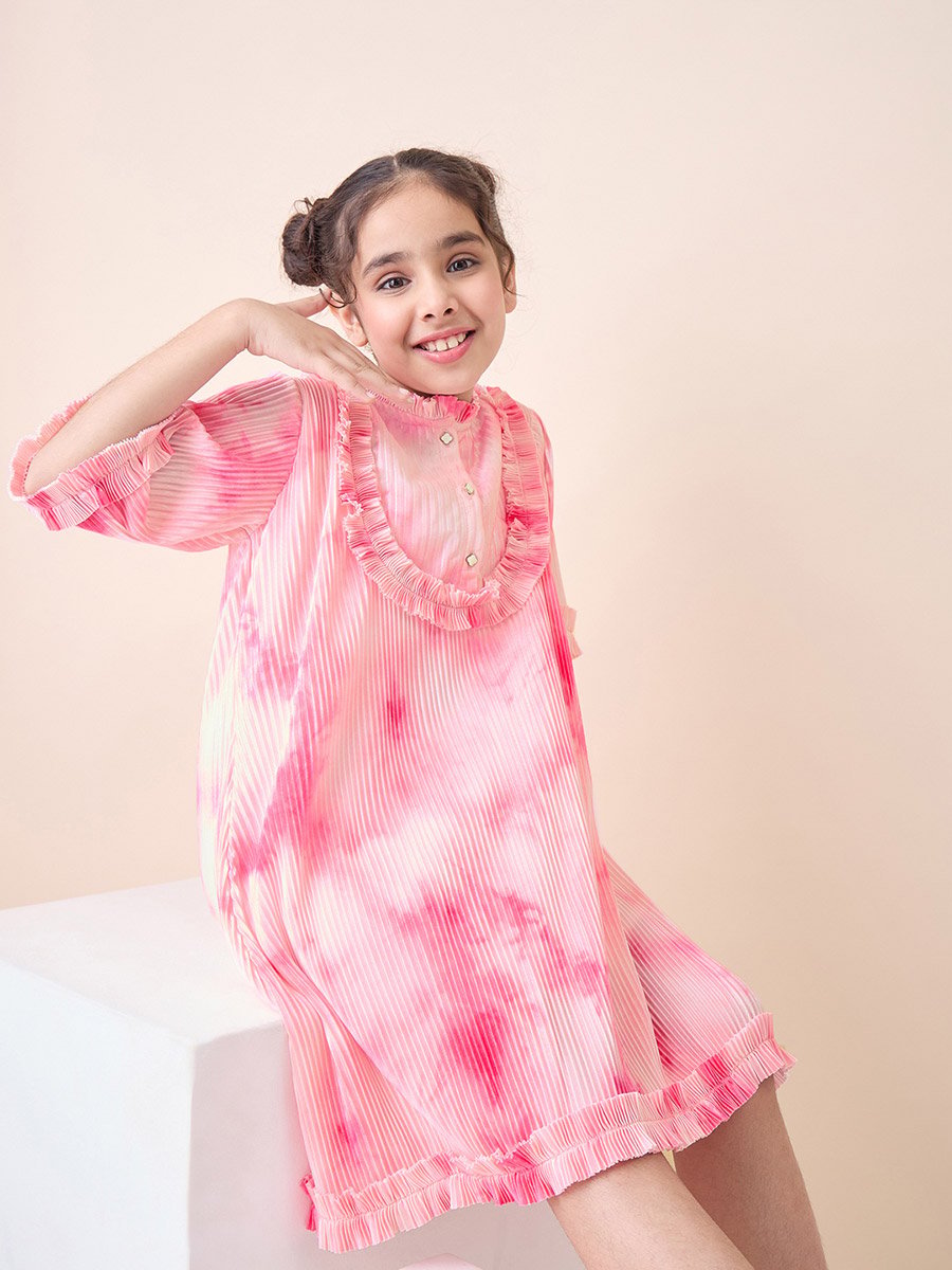 Girls Tie and Dye All over Print Round Neck Elbow Sleeves A-Line Dress