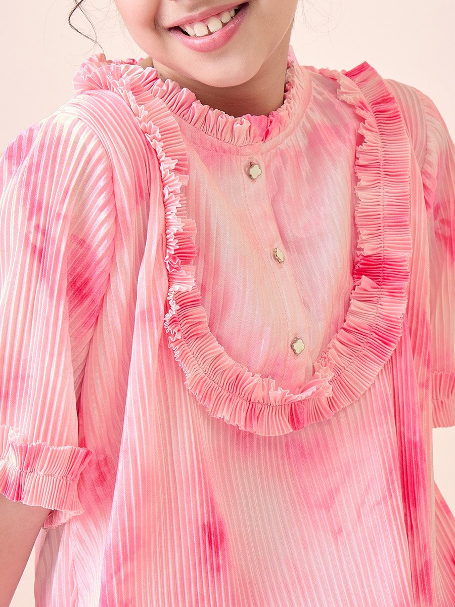 Girls Tie and Dye All over Print Round Neck Elbow Sleeves A-Line Dress