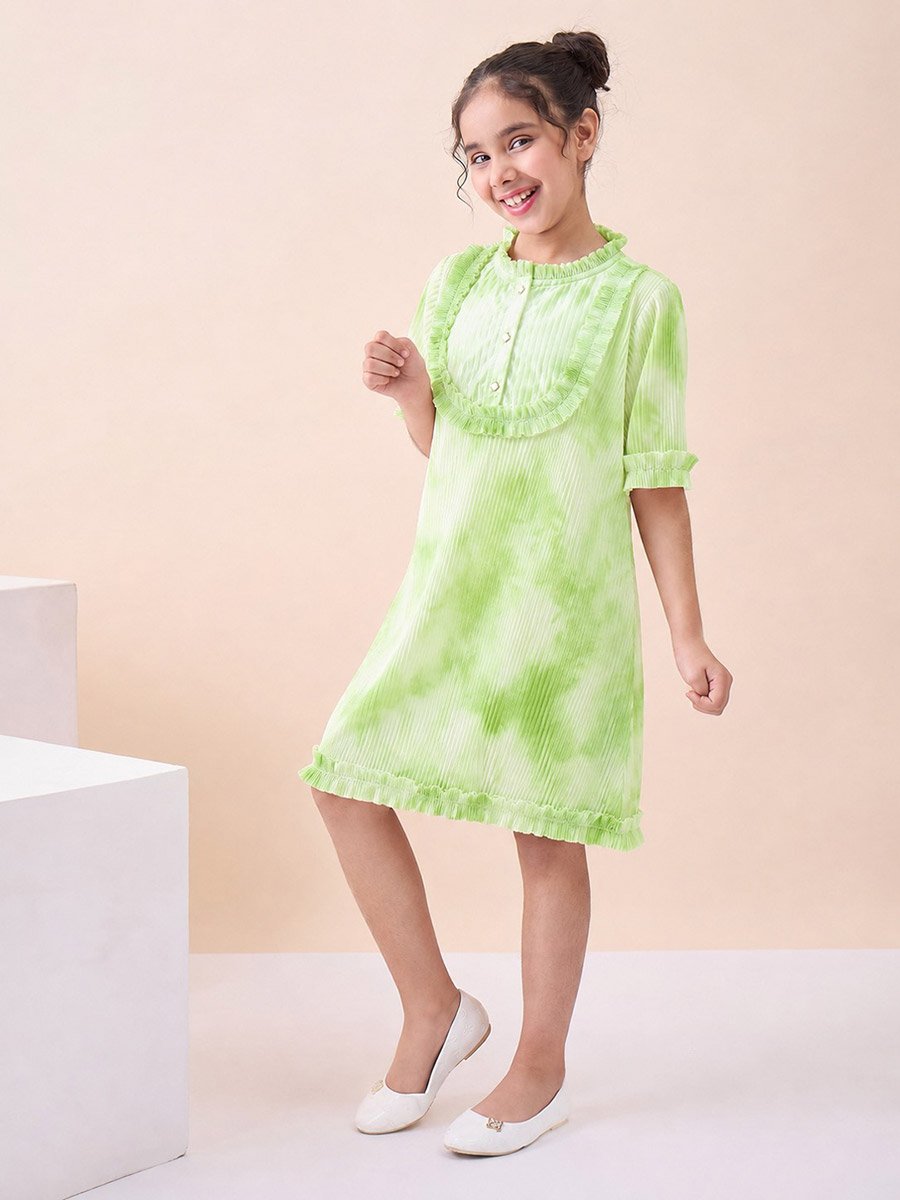 Girls Tie and Dye All over Print Round Neck Elbow Sleeves A-Line Dress