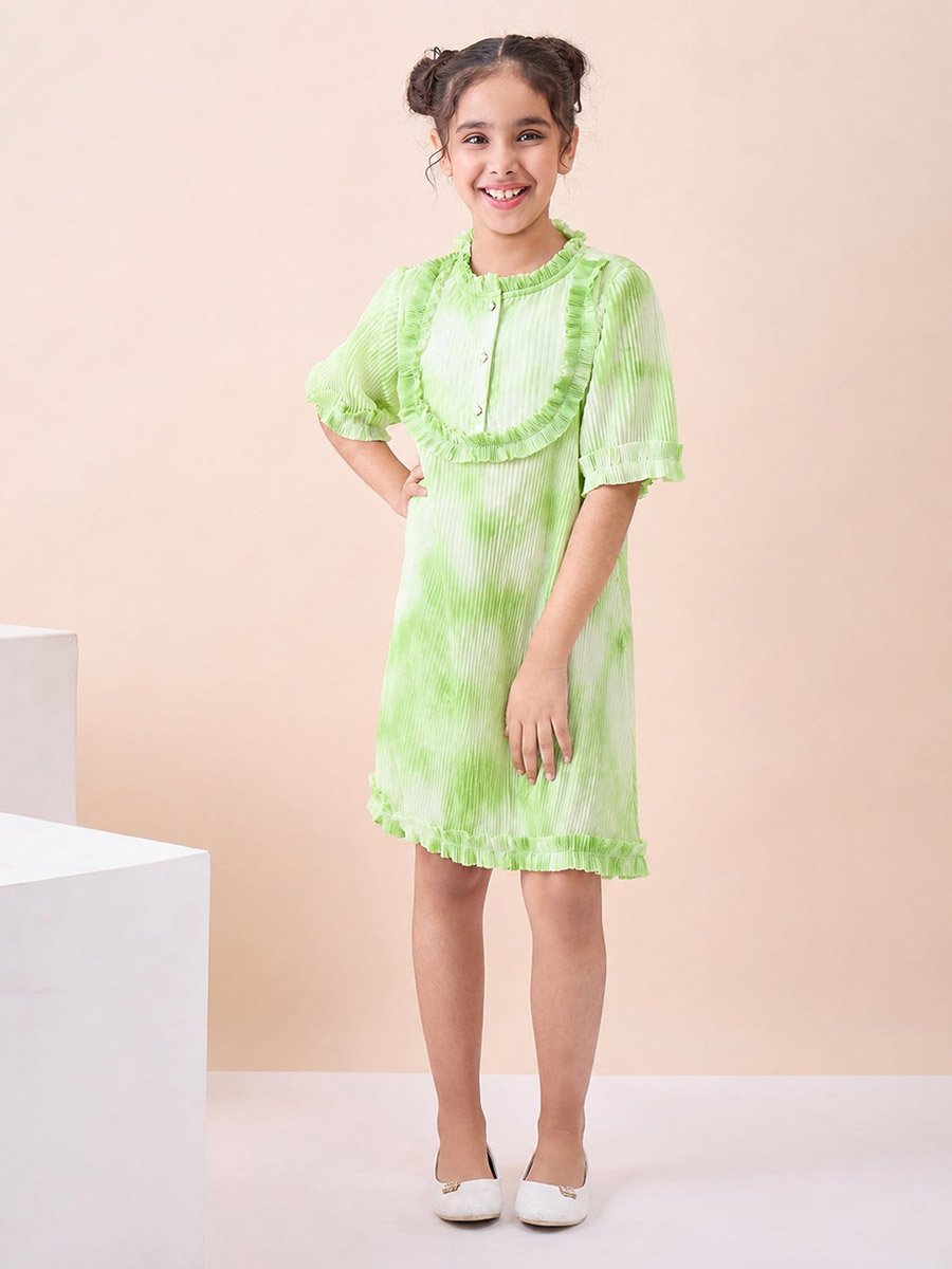 Girls Tie and Dye All over Print Round Neck Elbow Sleeves A-Line Dress