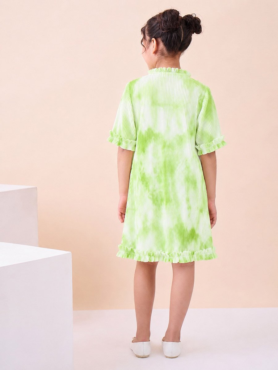 Girls Tie and Dye All over Print Round Neck Elbow Sleeves A-Line Dress
