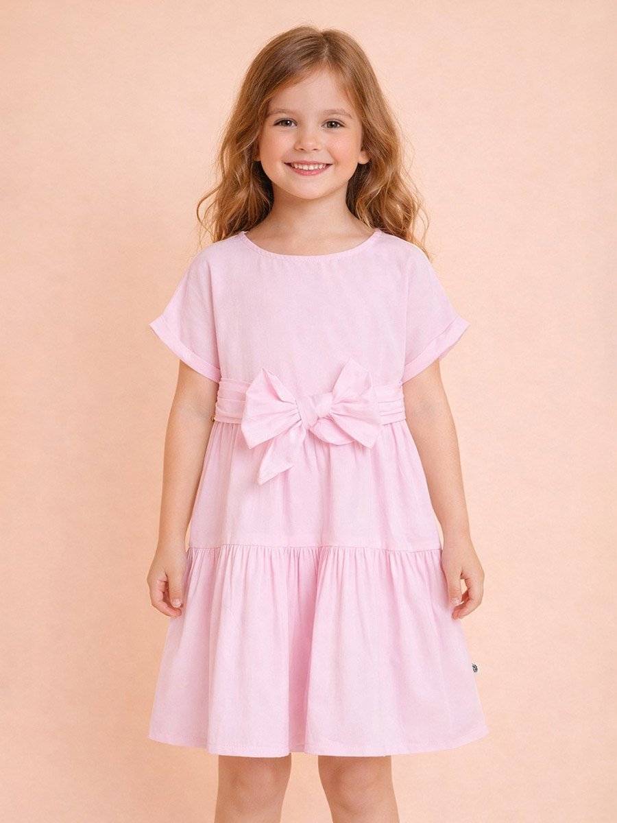 Girls Solid Round Neck Short Sleeves A-Line Dress