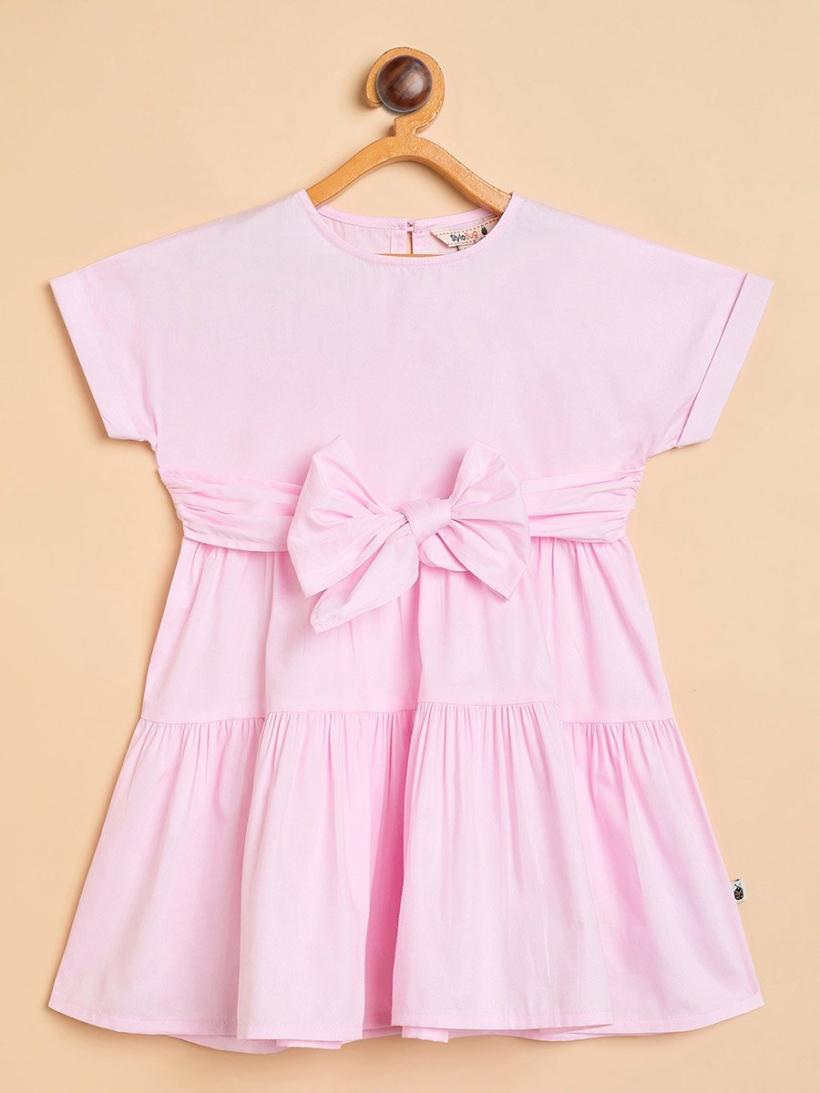 Girls Solid Round Neck Short Sleeves A-Line Dress