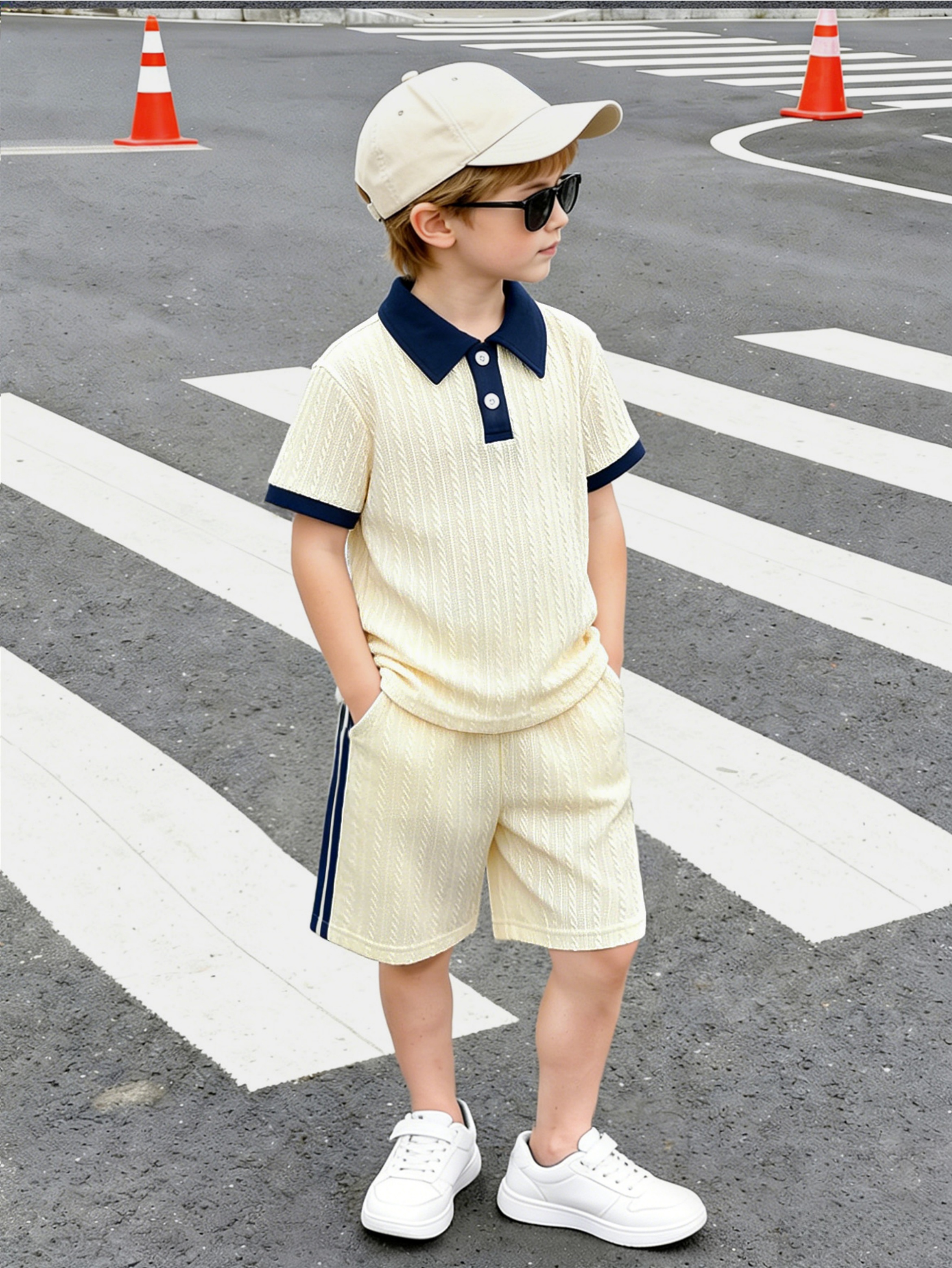 Boys Cream Knitted Polo and Shorts Set