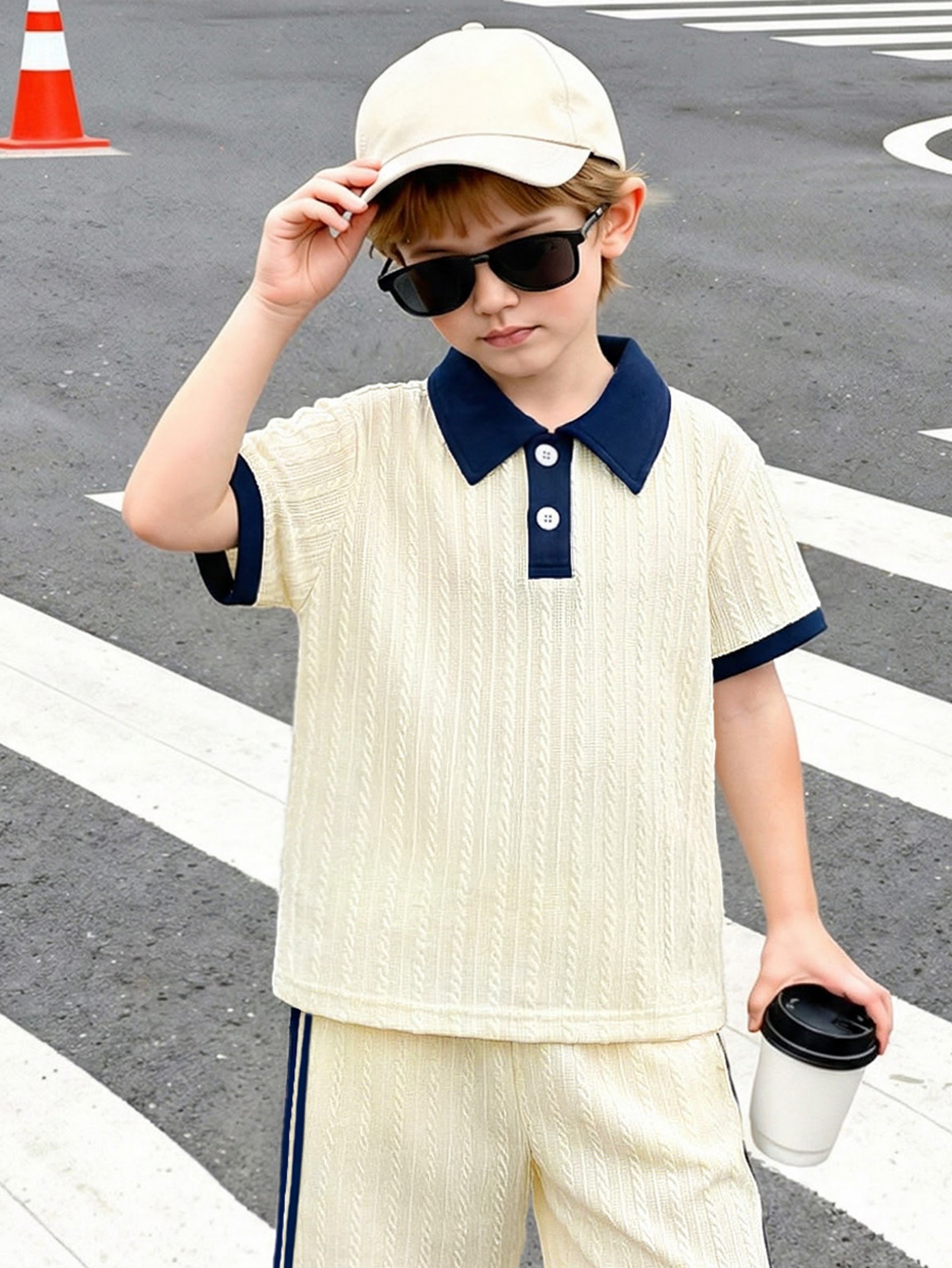 Boys Cream Knitted Polo and Shorts Set