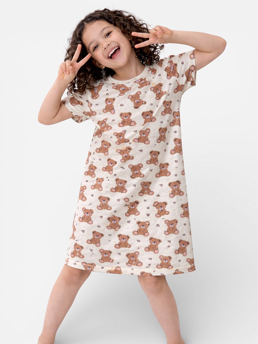 Girls Teddy Print Sleep T-Shirt Dress