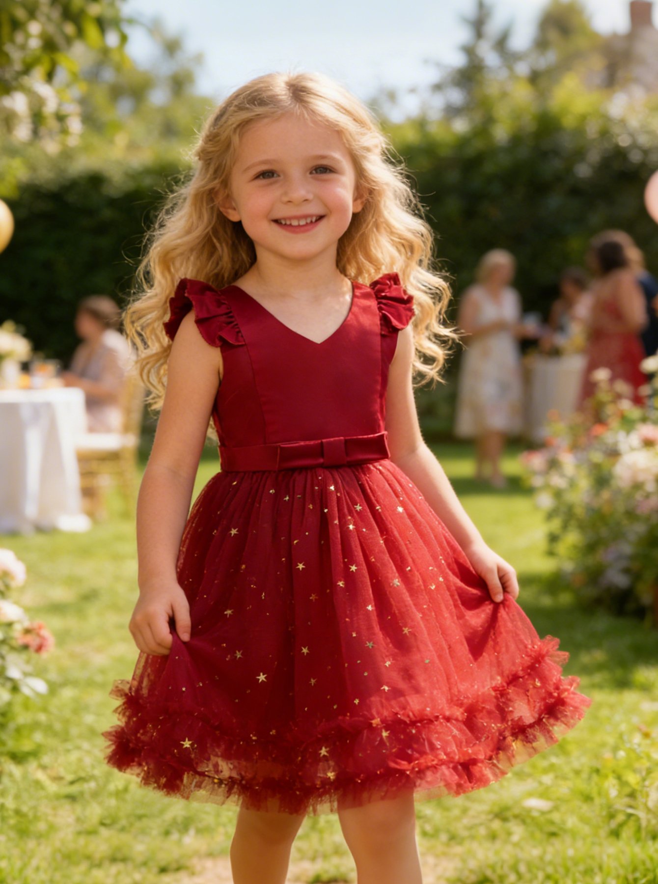 Girls Mesh Insert Bow Detail Party Dress