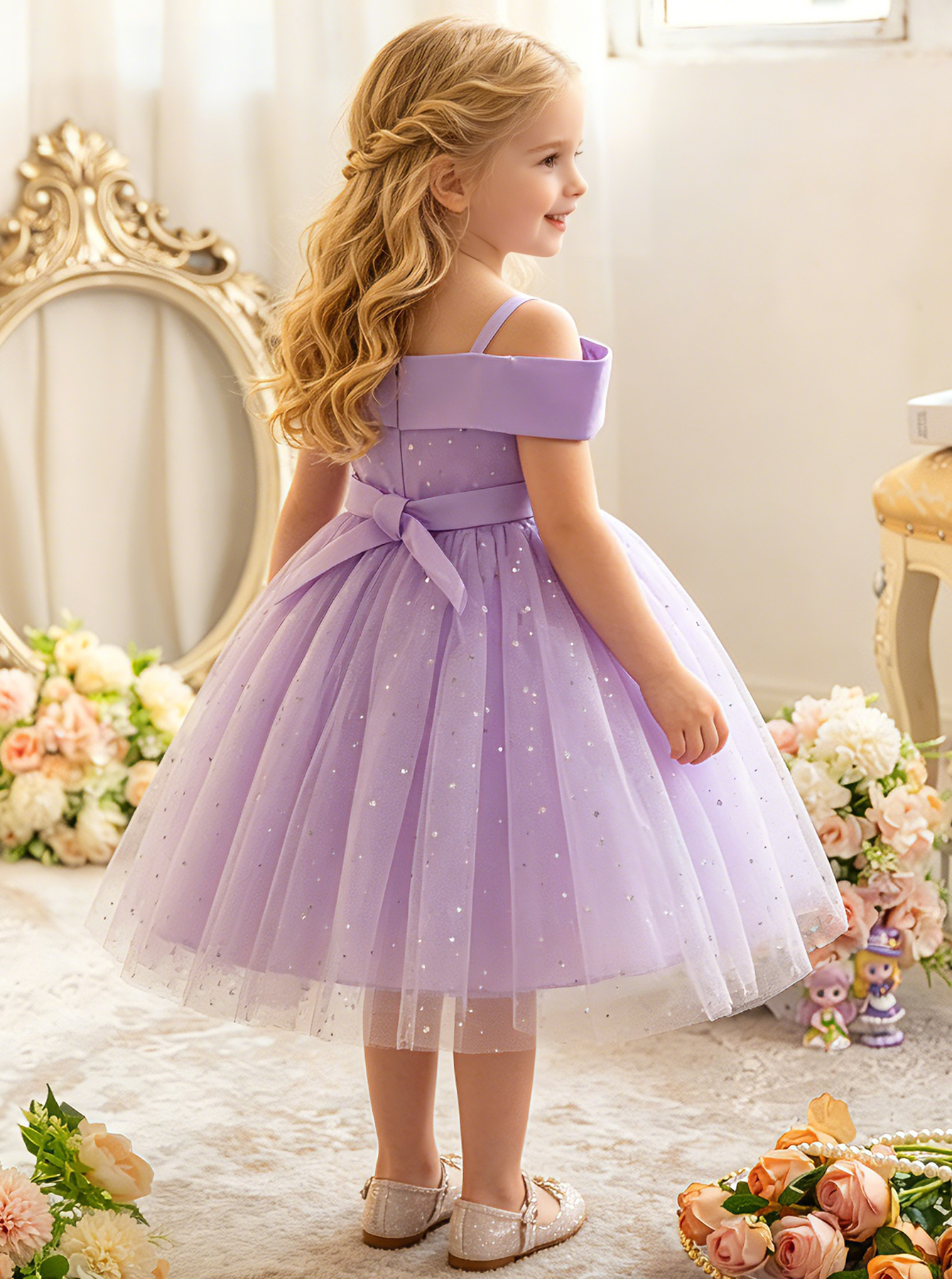 Girls Mesh Insert Cold Shoulder Party Dress