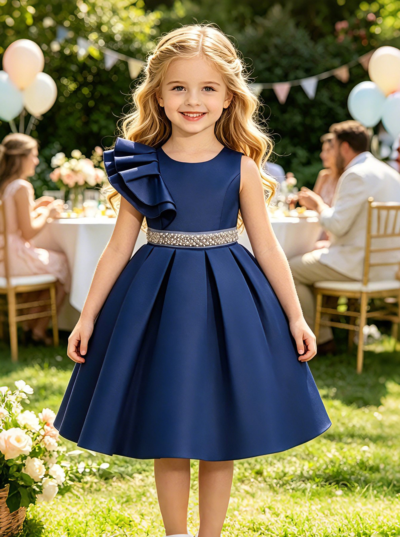 Girls Ruffle Sleeve Embellished Waist Party Dress