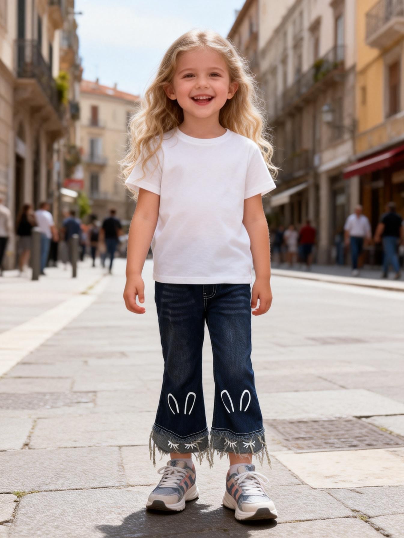 Kids Cotton Denim Jeans with Frayed Hem