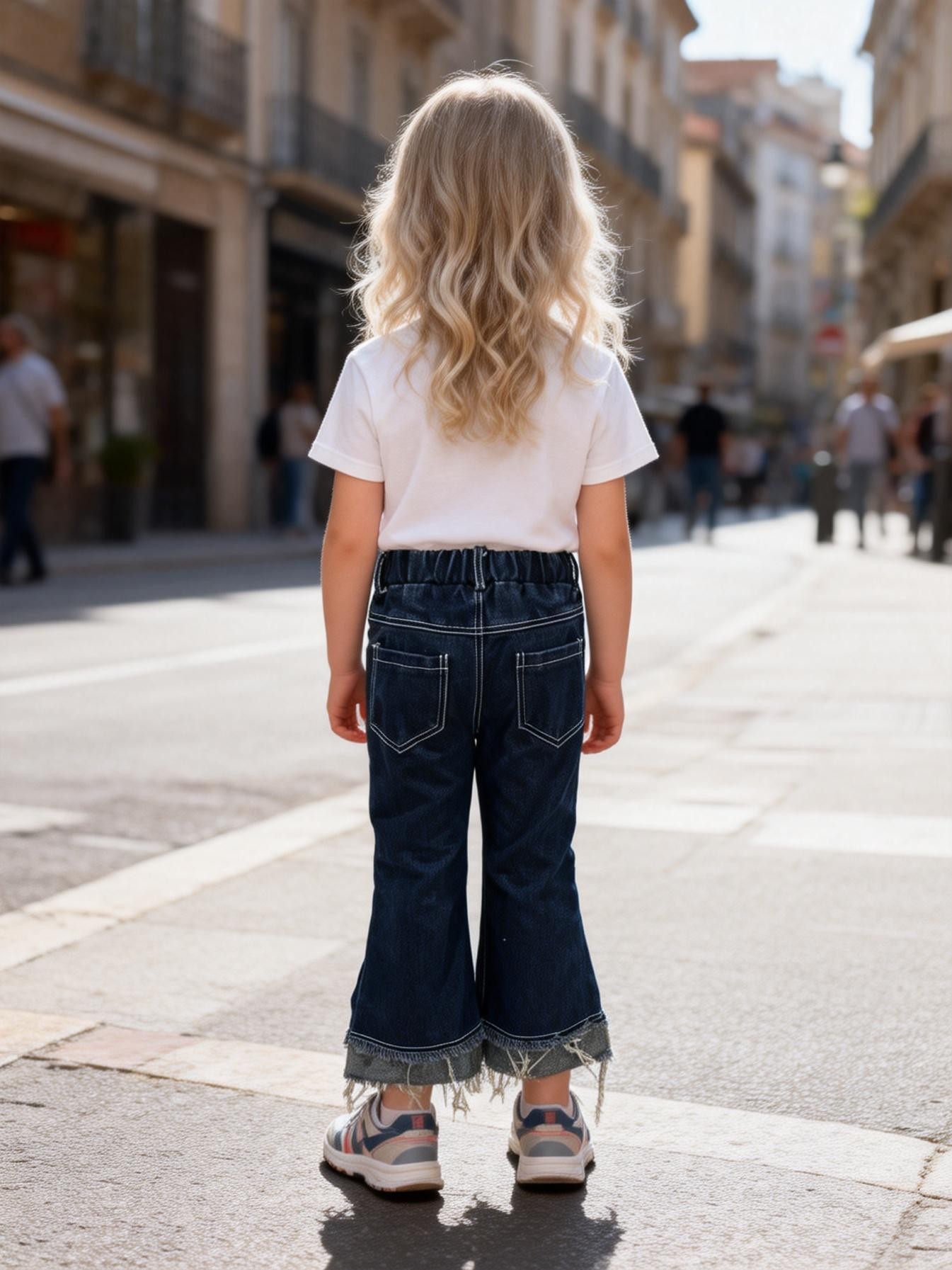 Kids Cotton Denim Jeans with Frayed Hem