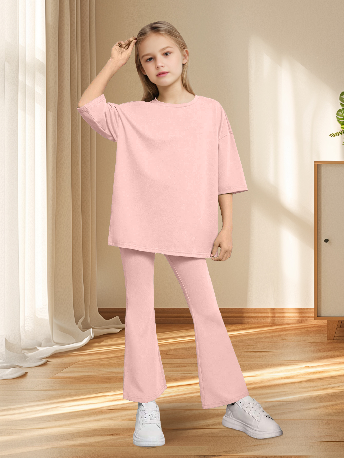 Girls Pink Mid-Rise Flare Pants