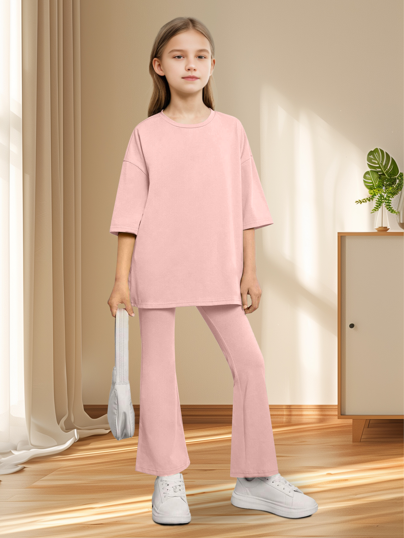 Girls Pink Mid-Rise Flare Pants