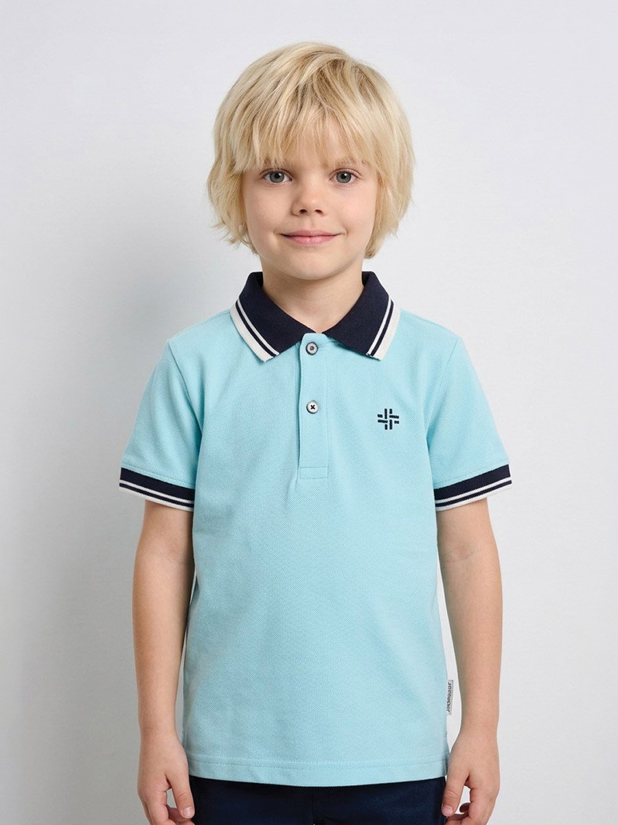 Boys Turquoise Contrast Trims Regular Fit Polo T-Shirt