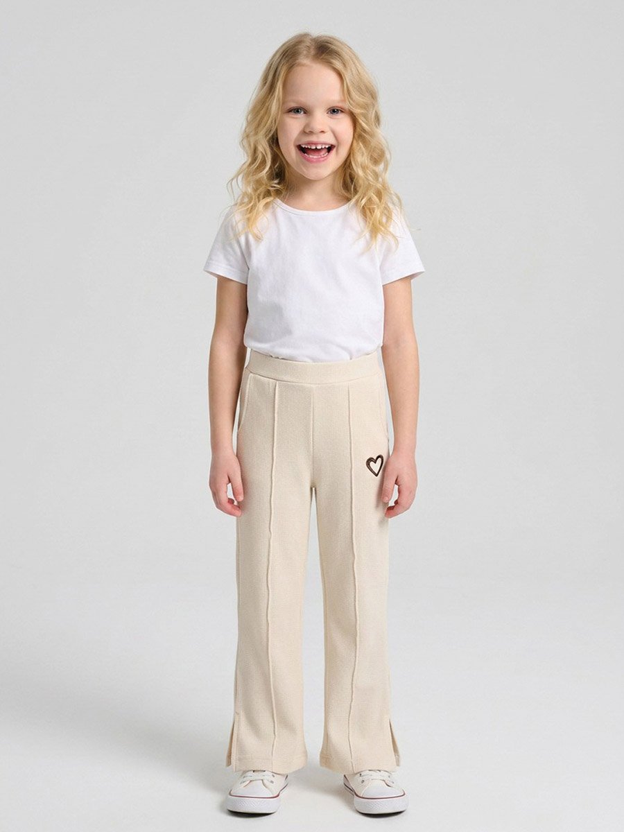 Girls Cream Heart Embroidered Pintuck Details Pants