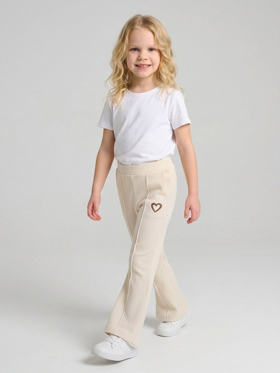 Girls Cream Heart Embroidered Pintuck Details Pants