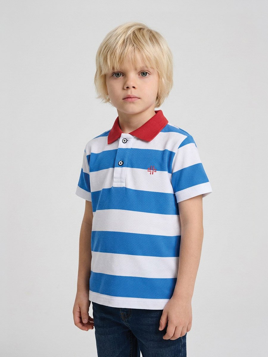 Boys Multi-Color Striped Contrast Collar Polo T-Shirt