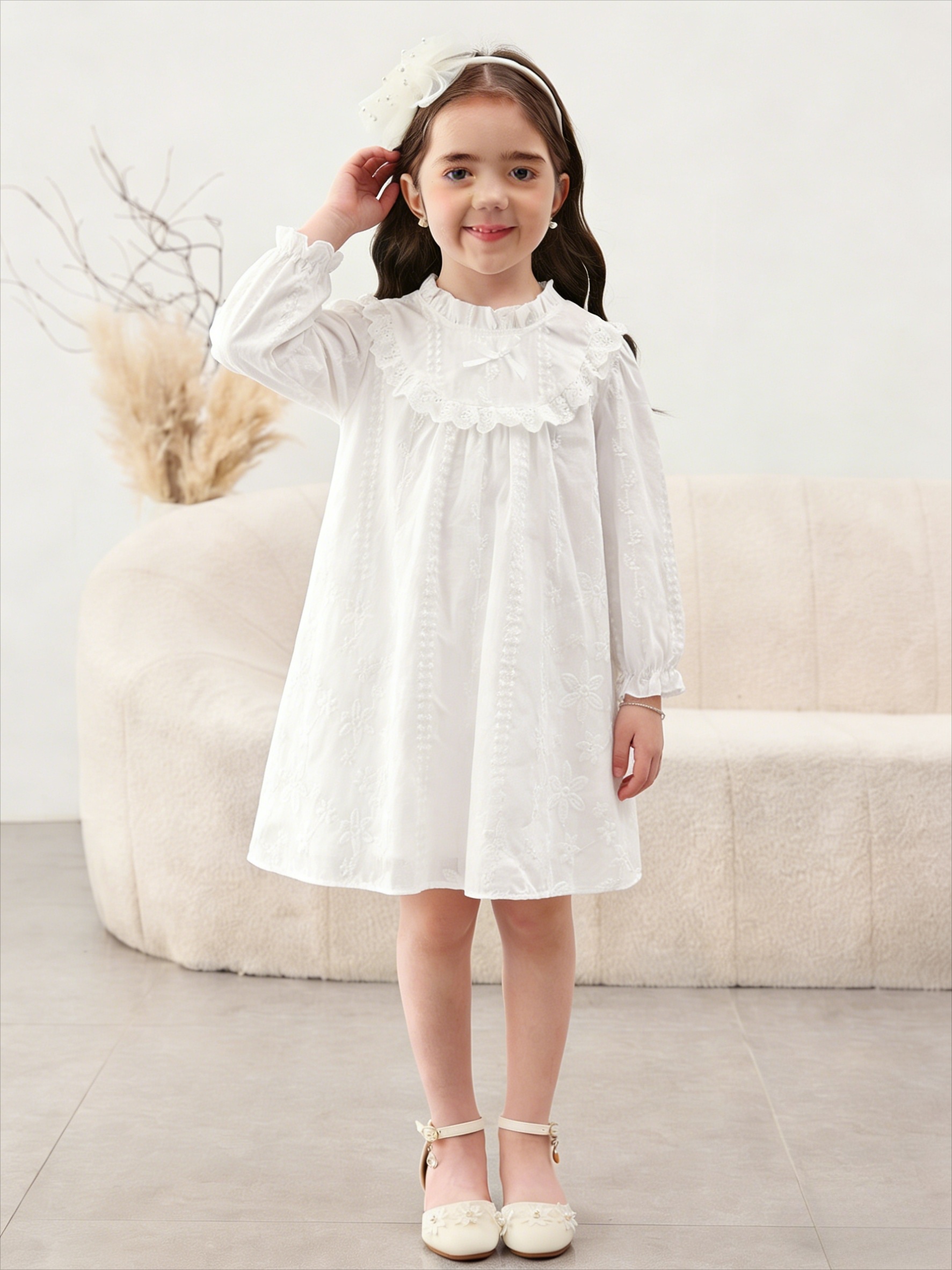 Girls White Embroidered A-Line Knee-Length Casual Dress