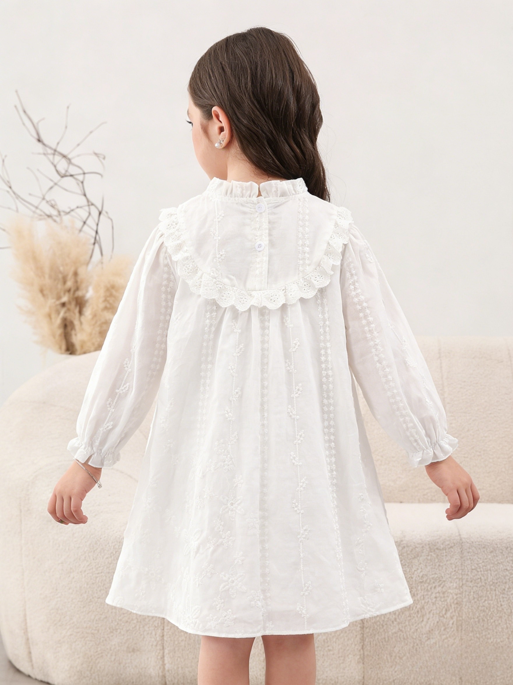 Girls White Embroidered A-Line Knee-Length Casual Dress