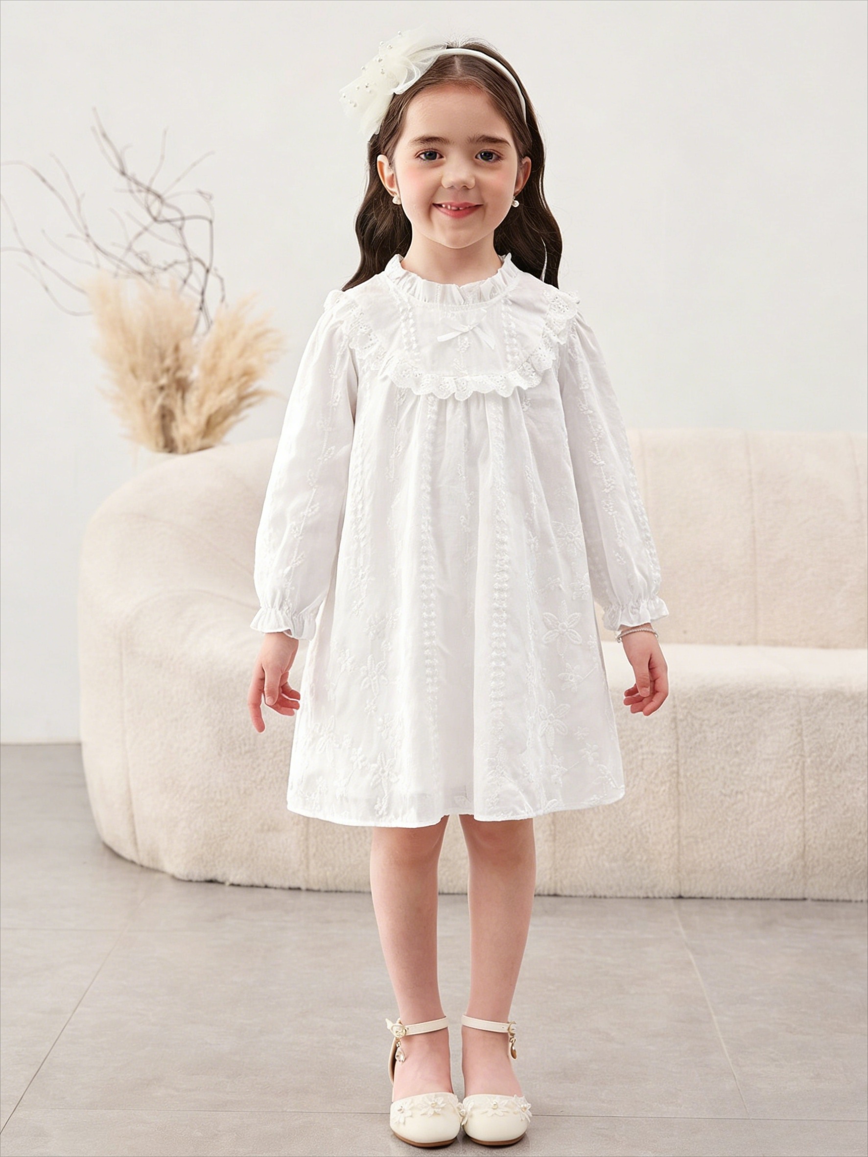 Girls White Embroidered A-Line Knee-Length Casual Dress