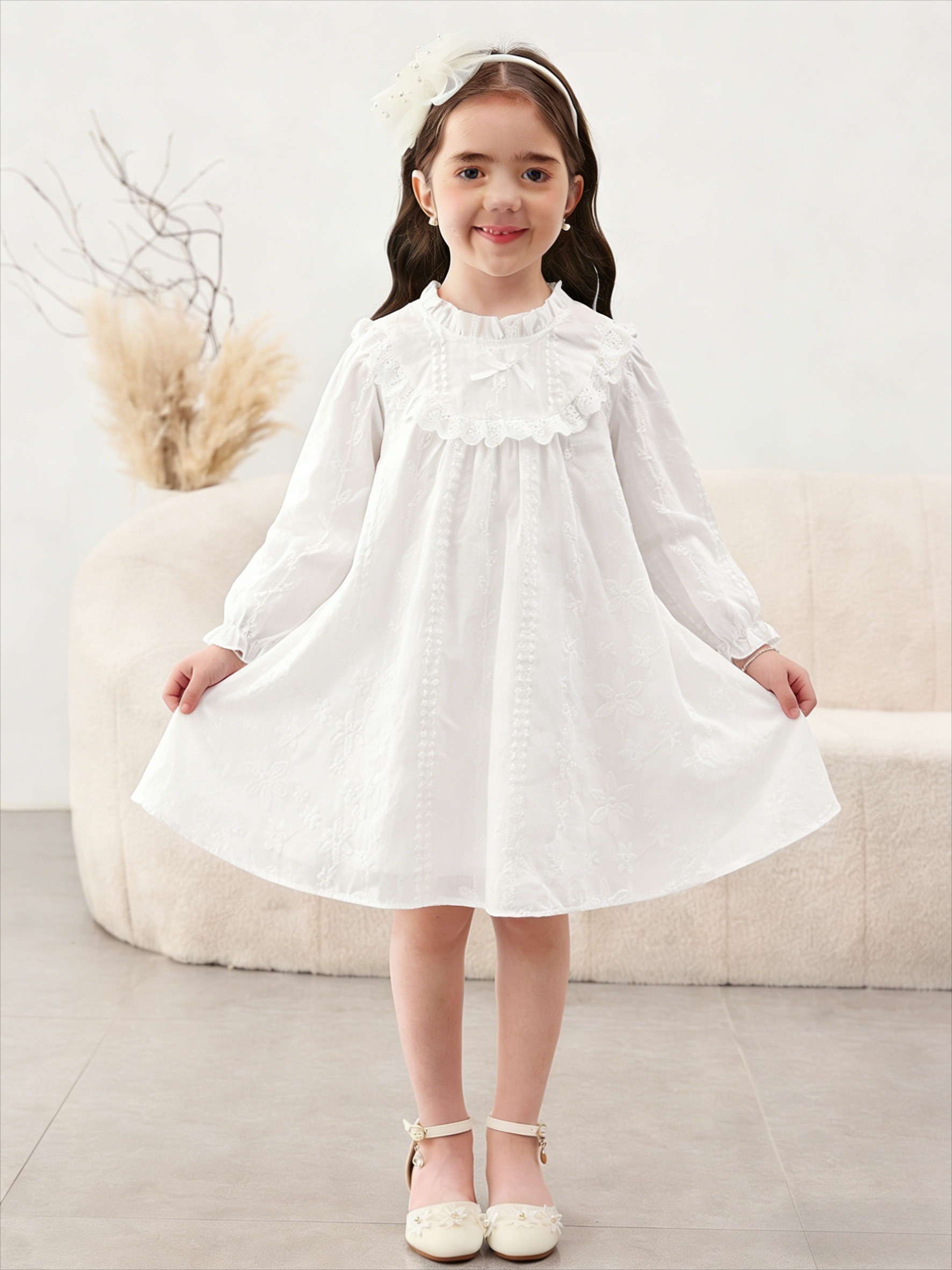 Girls White Embroidered A-Line Knee-Length Casual Dress