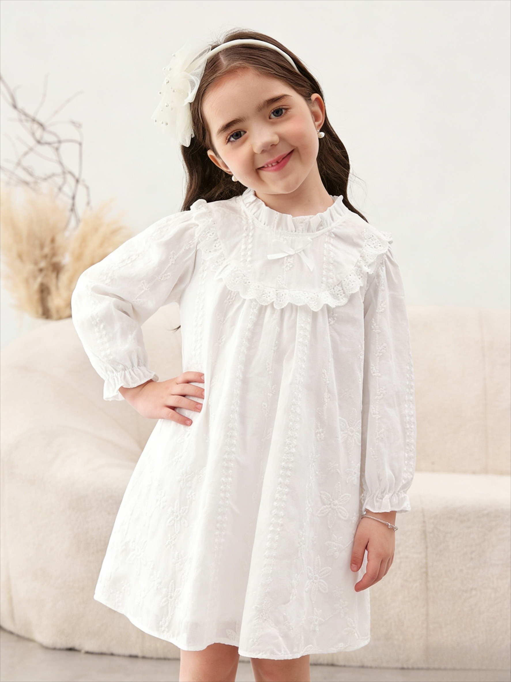 Girls White Embroidered A-Line Knee-Length Casual Dress