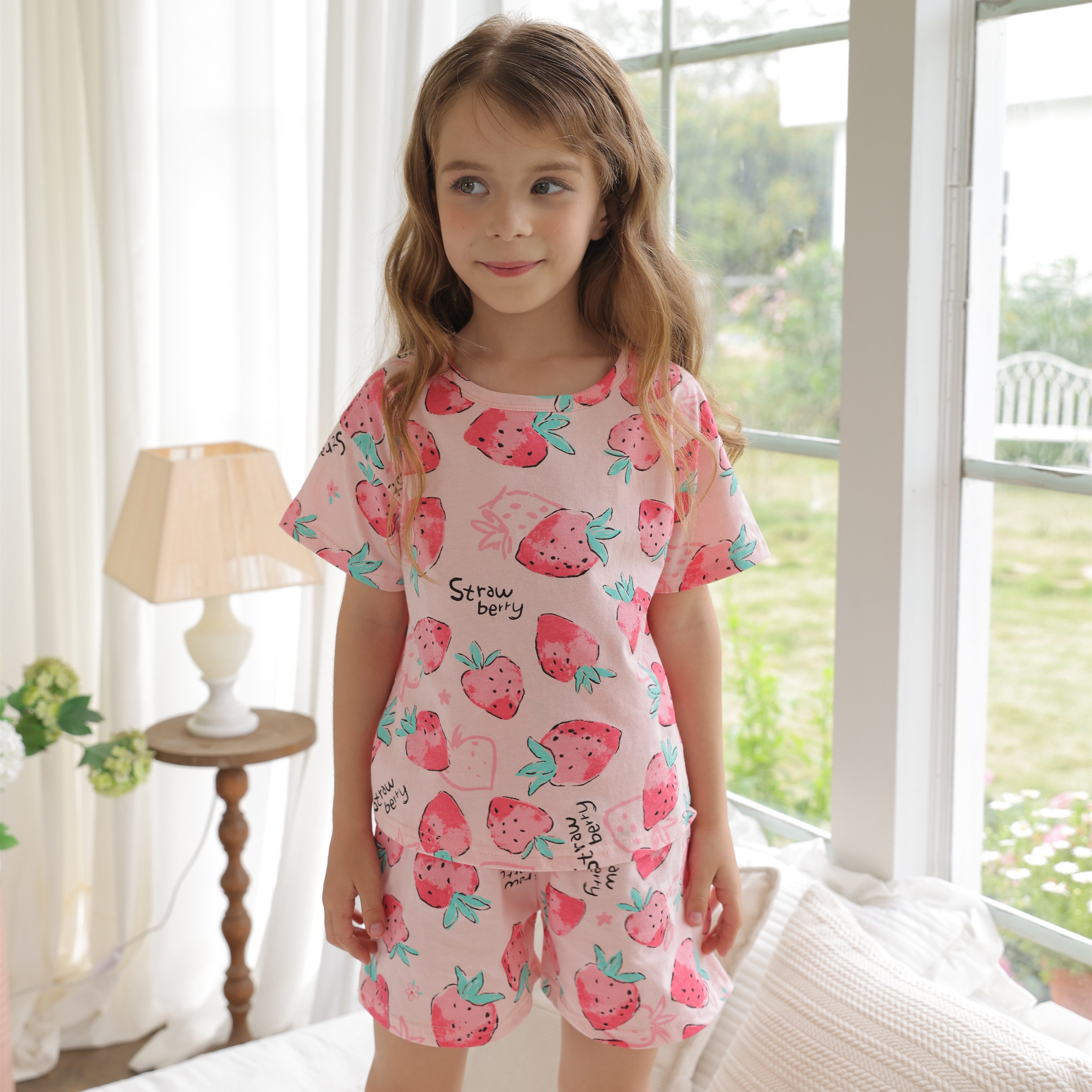 Girls Light Pink Cotton Strawberry Print Short Pajama Set