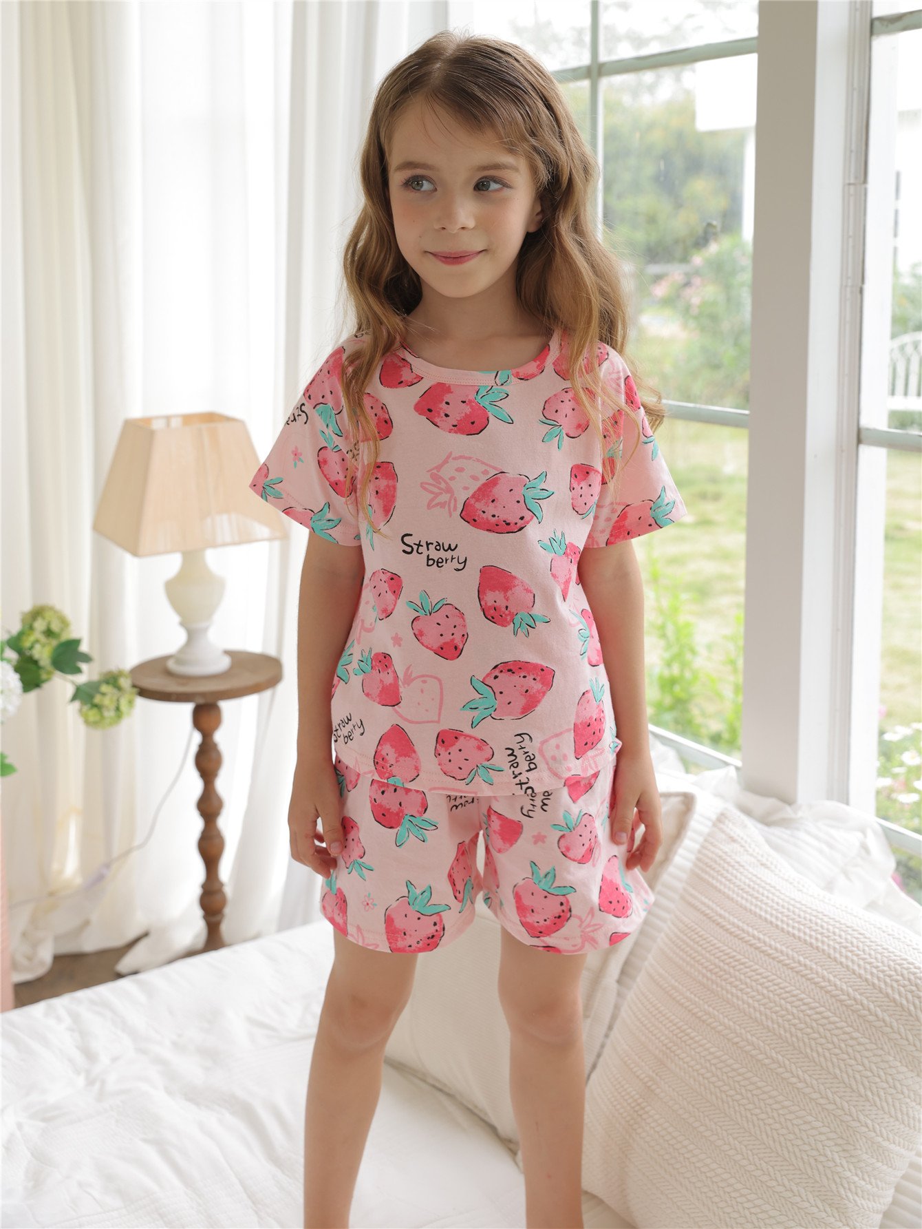 Girls Light Pink Cotton Strawberry Print Short Pajama Set