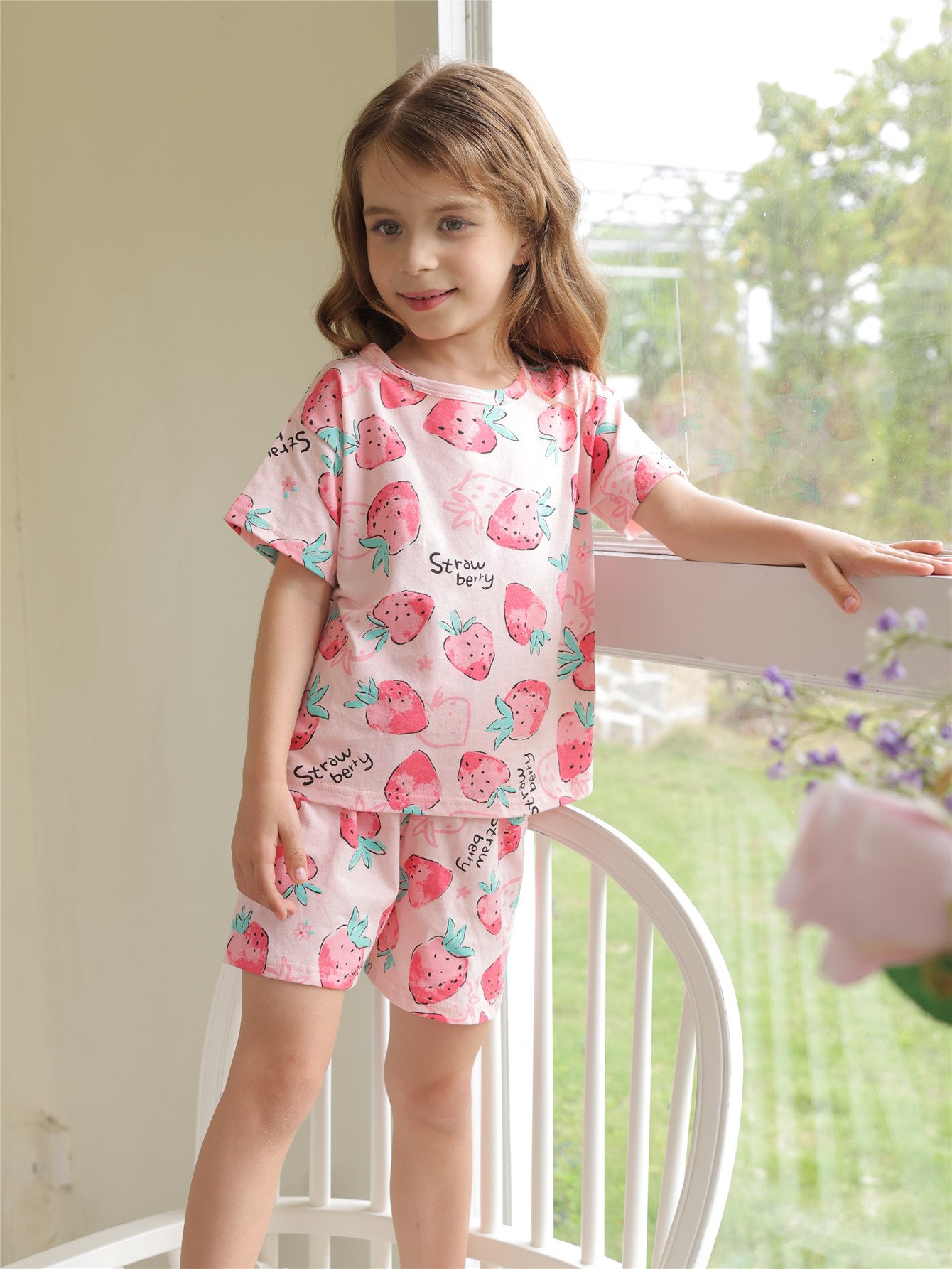 Girls Light Pink Cotton Strawberry Print Short Pajama Set
