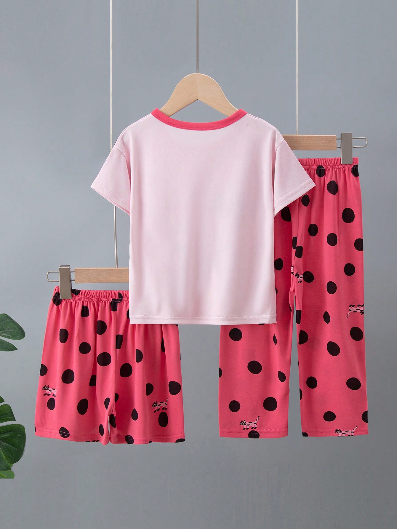 Girls Pink Cat Print Cotton Pyjama Set with Shorts and Pants