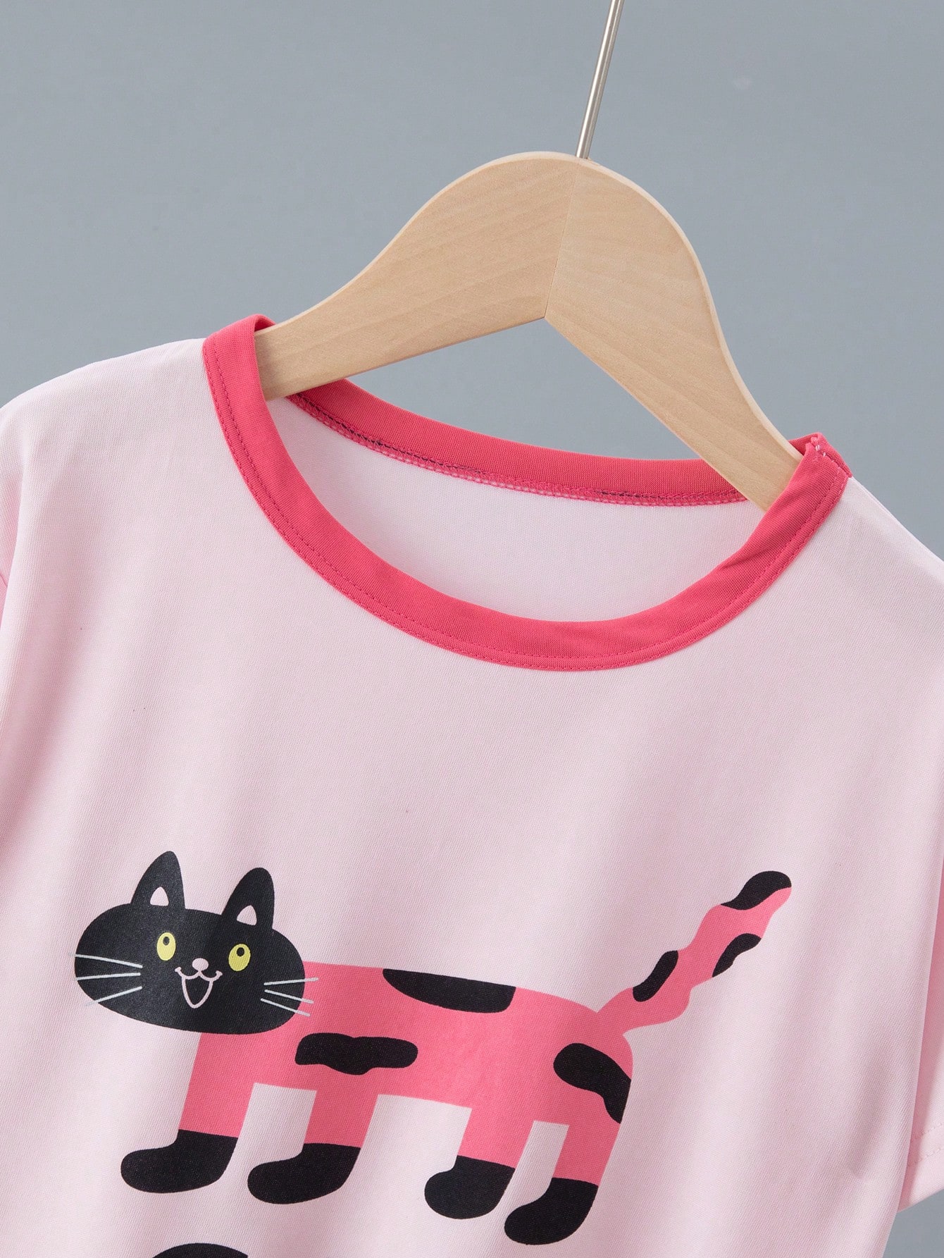 Girls Pink Cat Print Cotton Pyjama Set with Shorts and Pants