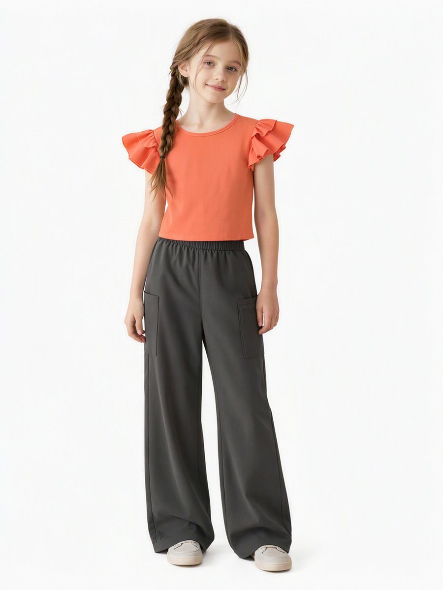 Girls Plain Round Neck Ruffle Sleeve Top and Cargo Pants Set