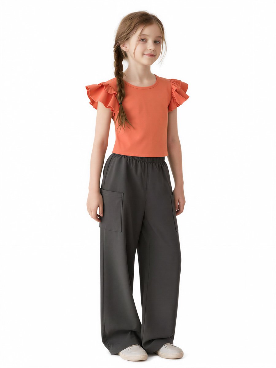 Girls Plain Round Neck Ruffle Sleeve Top and Cargo Pants Set
