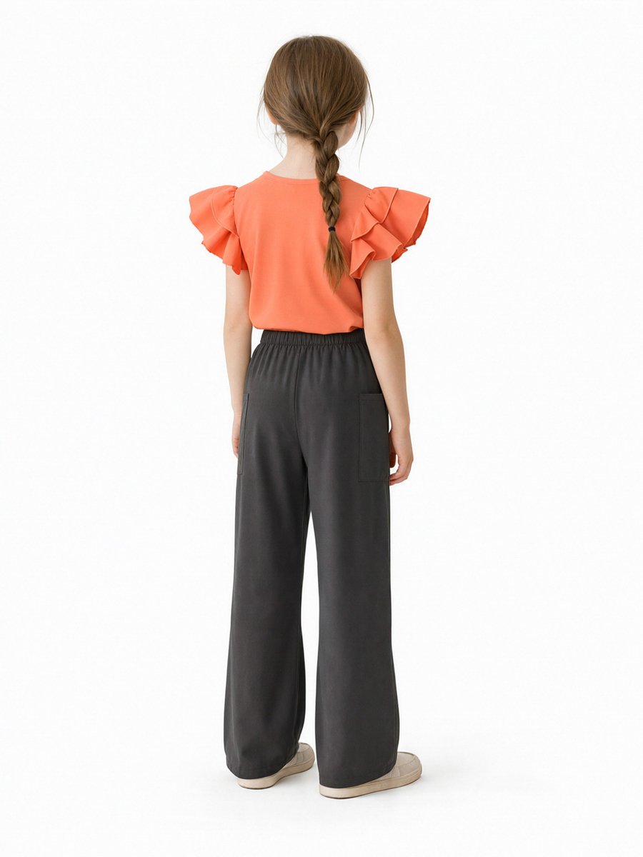Girls Plain Round Neck Ruffle Sleeve Top and Cargo Pants Set