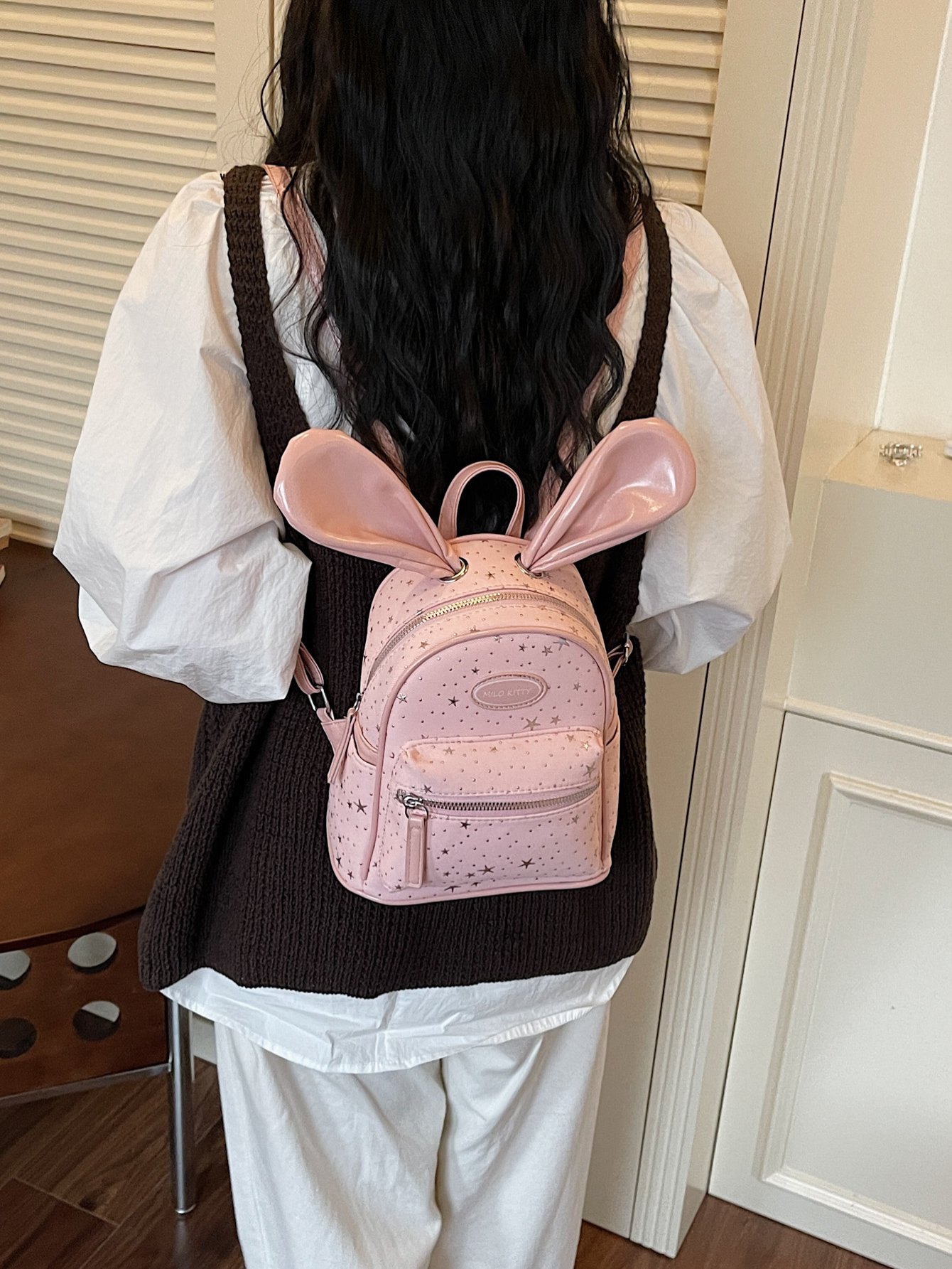 Girls Star Print Backpack with Bunny Ear Applique