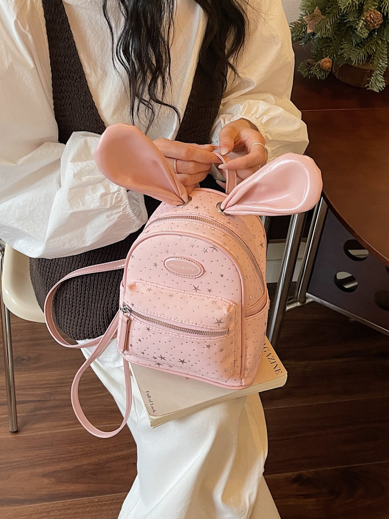 Girls Star Print Backpack with Bunny Ear Applique