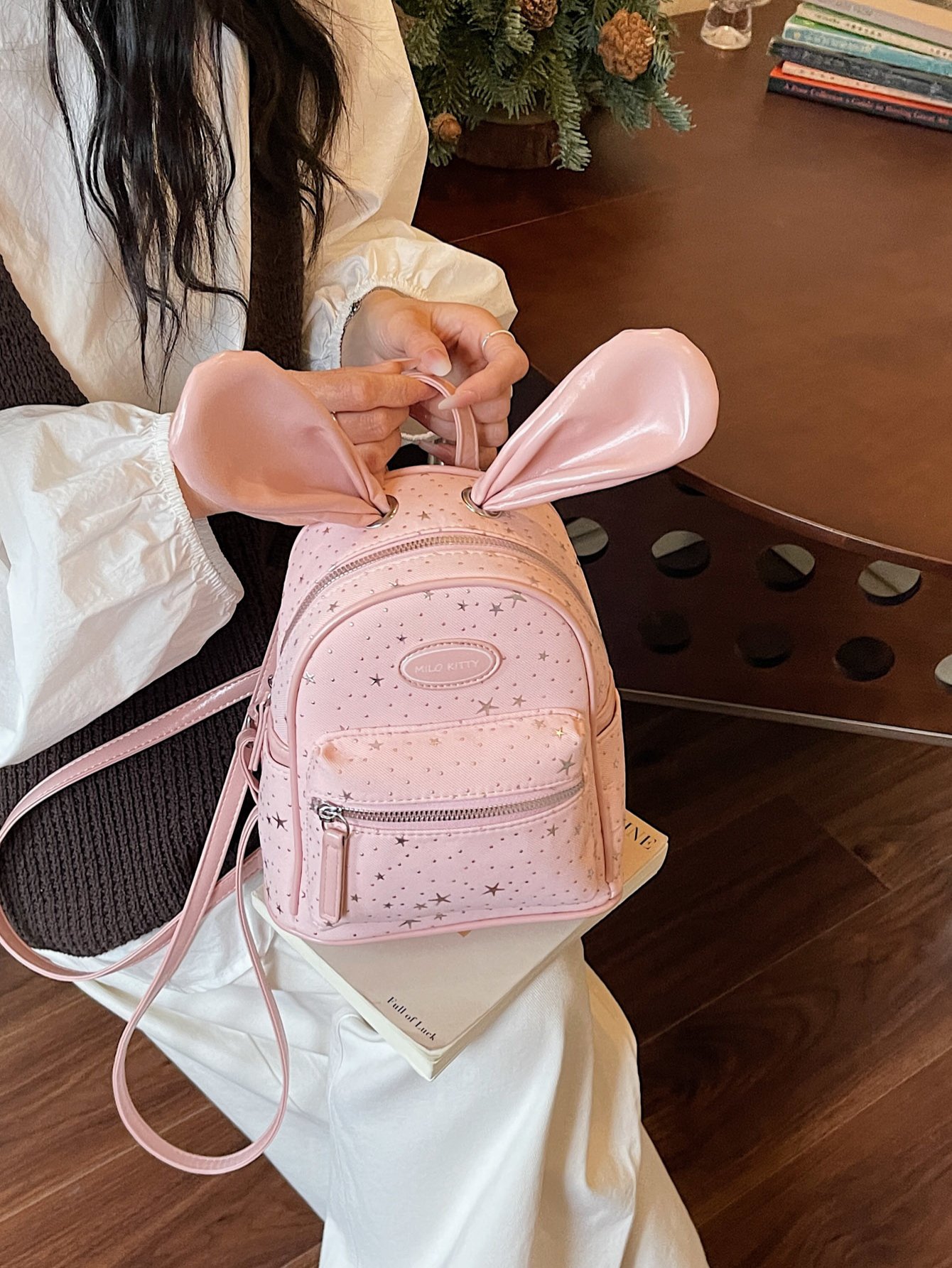 Girls Star Print Backpack with Bunny Ear Applique