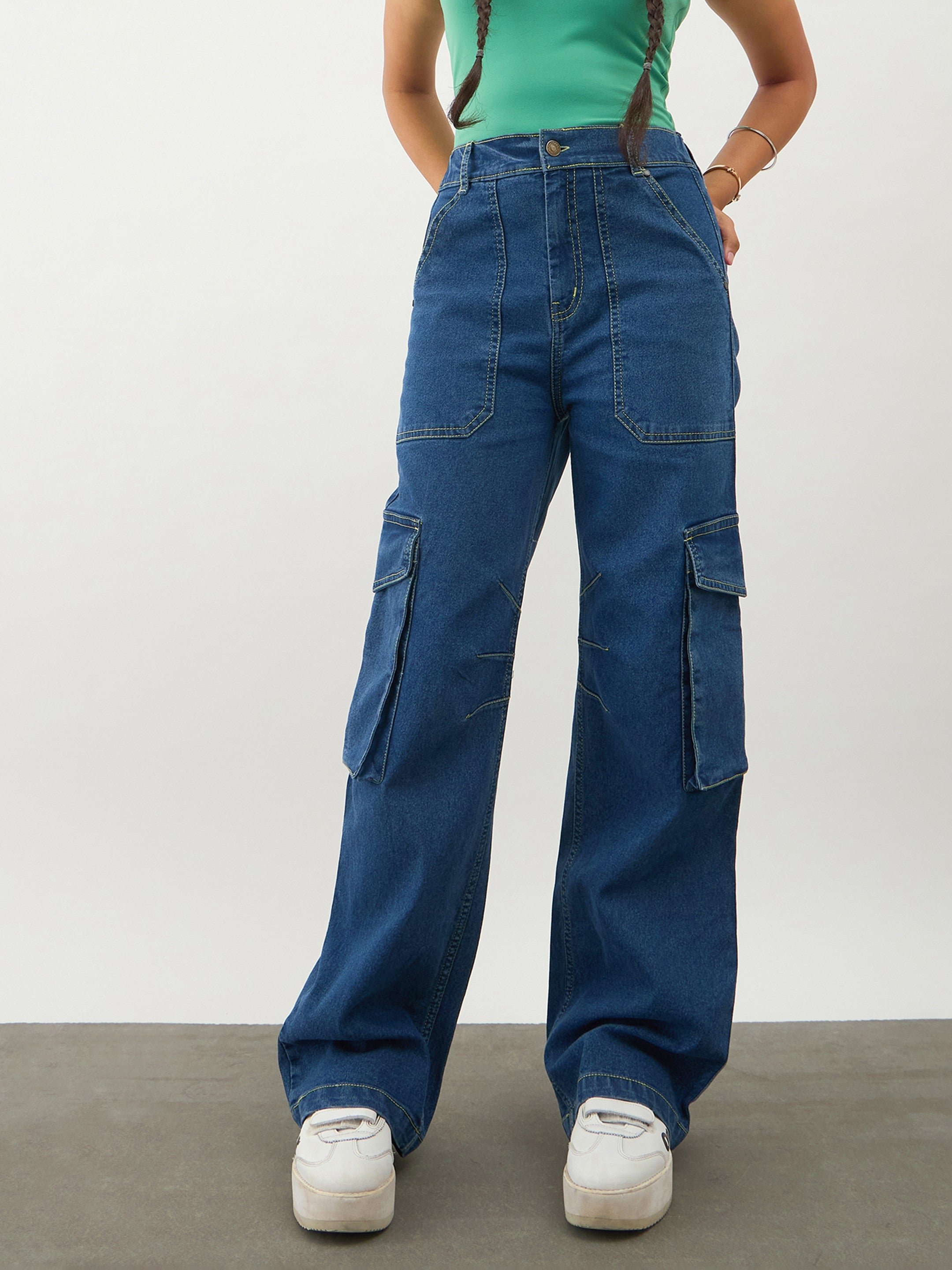 Navy Blue Denim Pocket Details Contrast Stitch Cargo Jeans