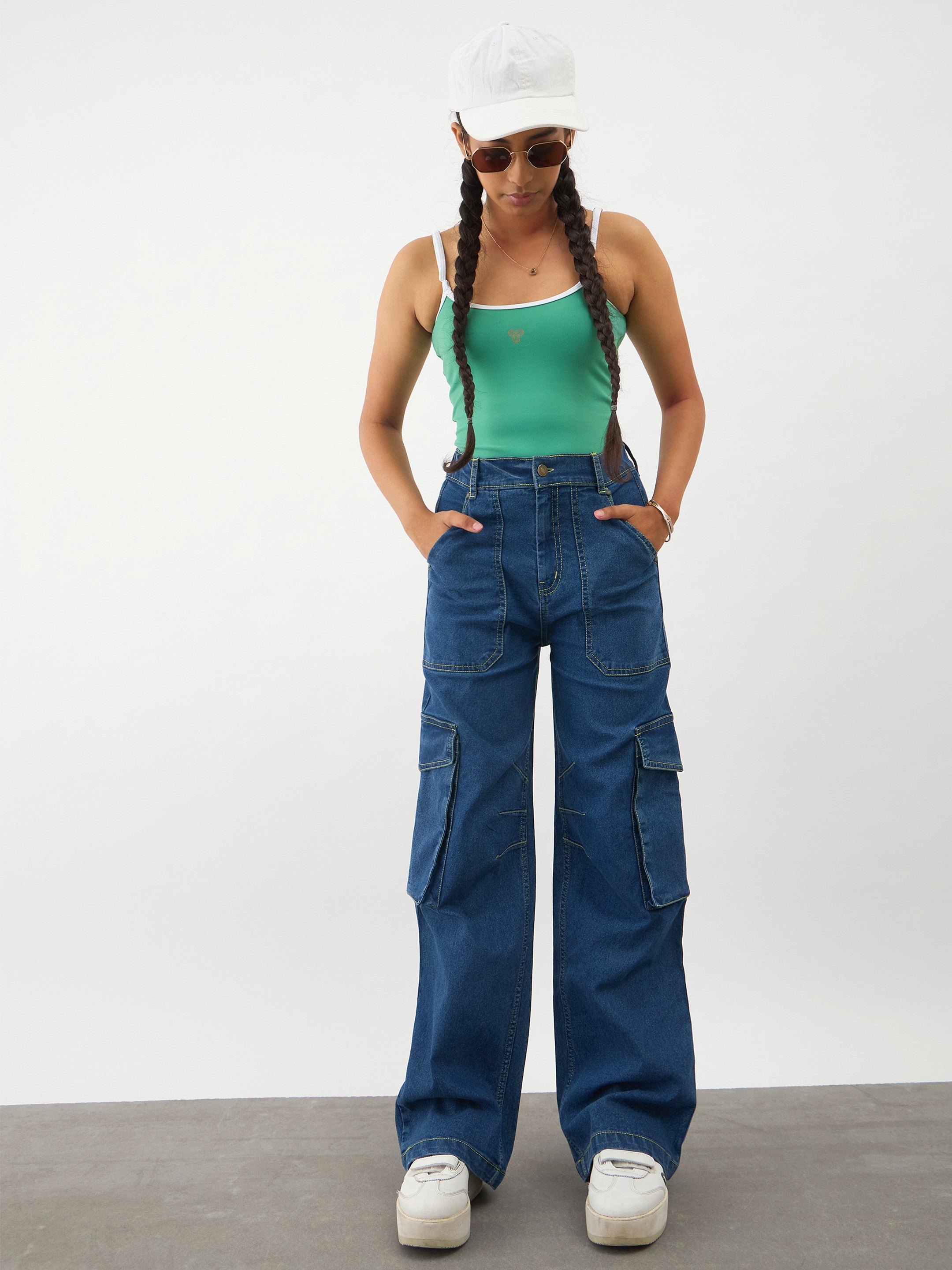Navy Blue Denim Pocket Details Contrast Stitch Cargo Jeans