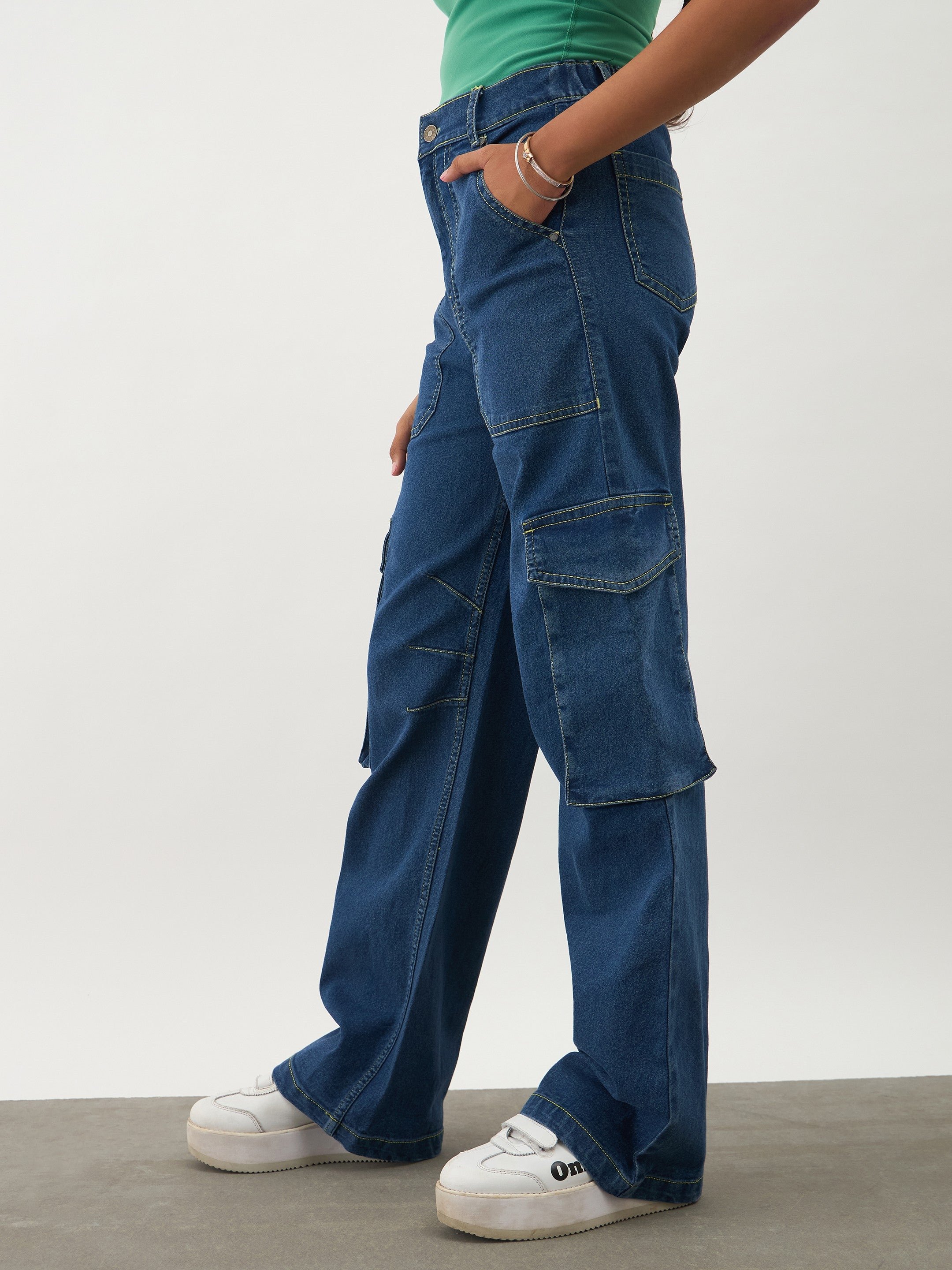 Navy Blue Denim Pocket Details Contrast Stitch Cargo Jeans