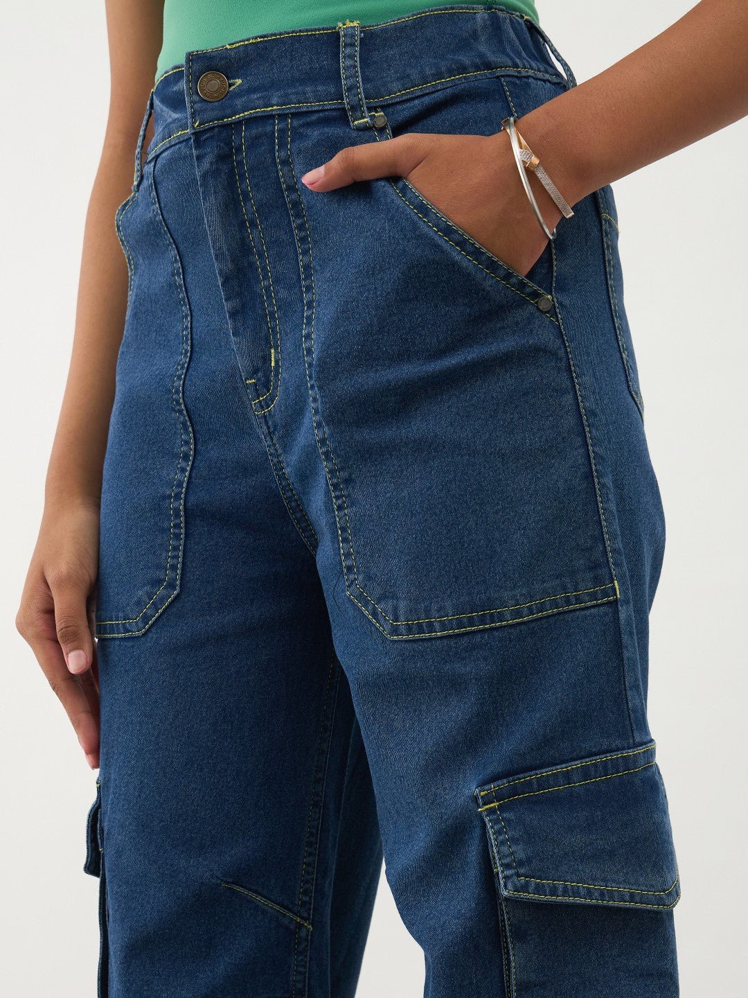 Navy Blue Denim Pocket Details Contrast Stitch Cargo Jeans