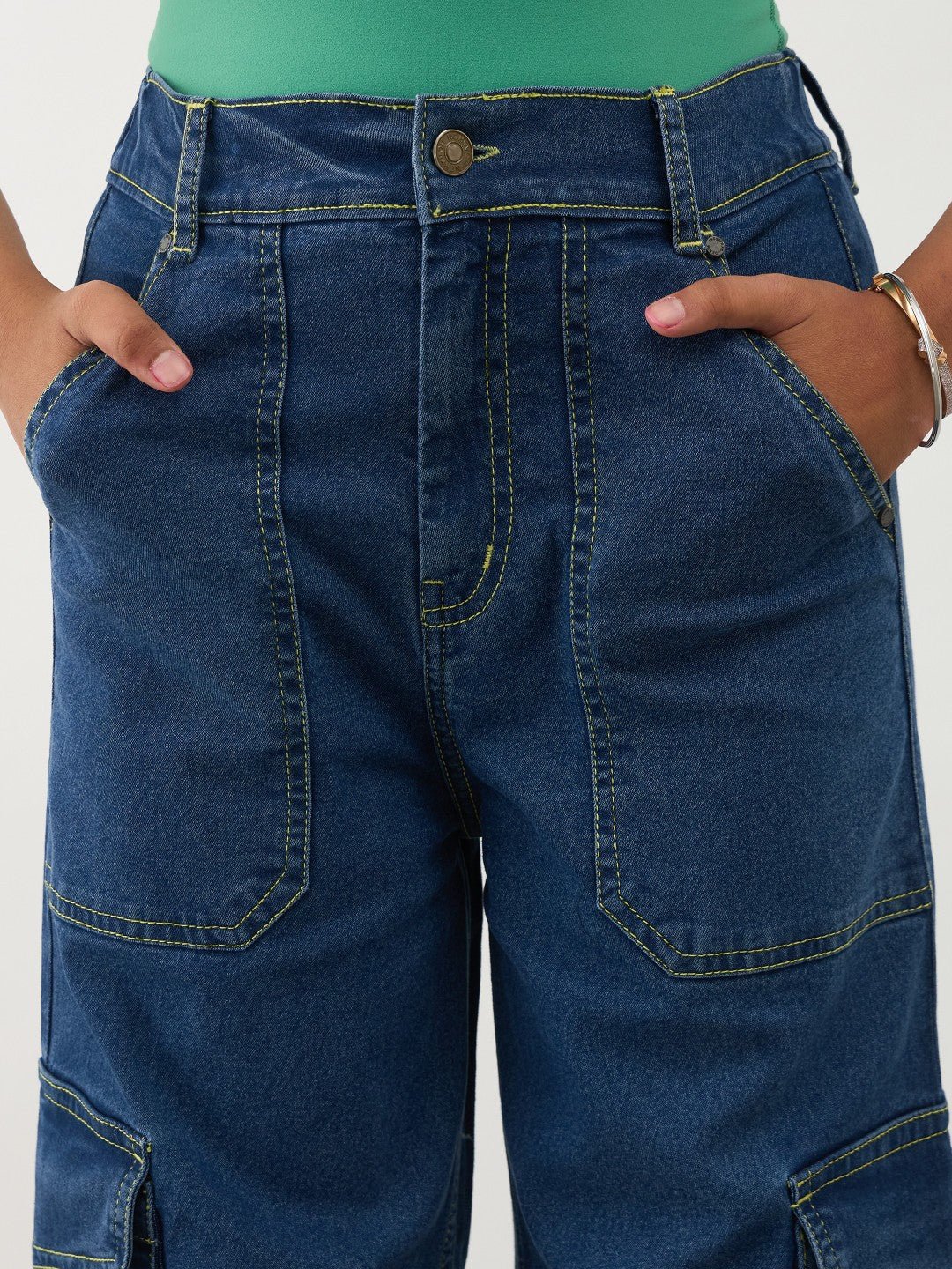 Navy Blue Denim Pocket Details Contrast Stitch Cargo Jeans