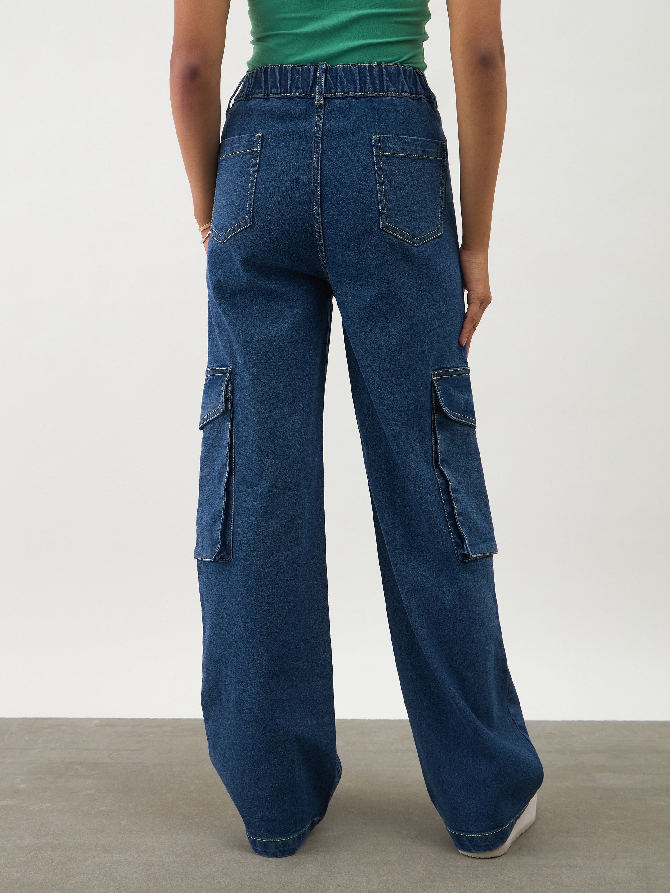 Navy Blue Denim Pocket Details Contrast Stitch Cargo Jeans