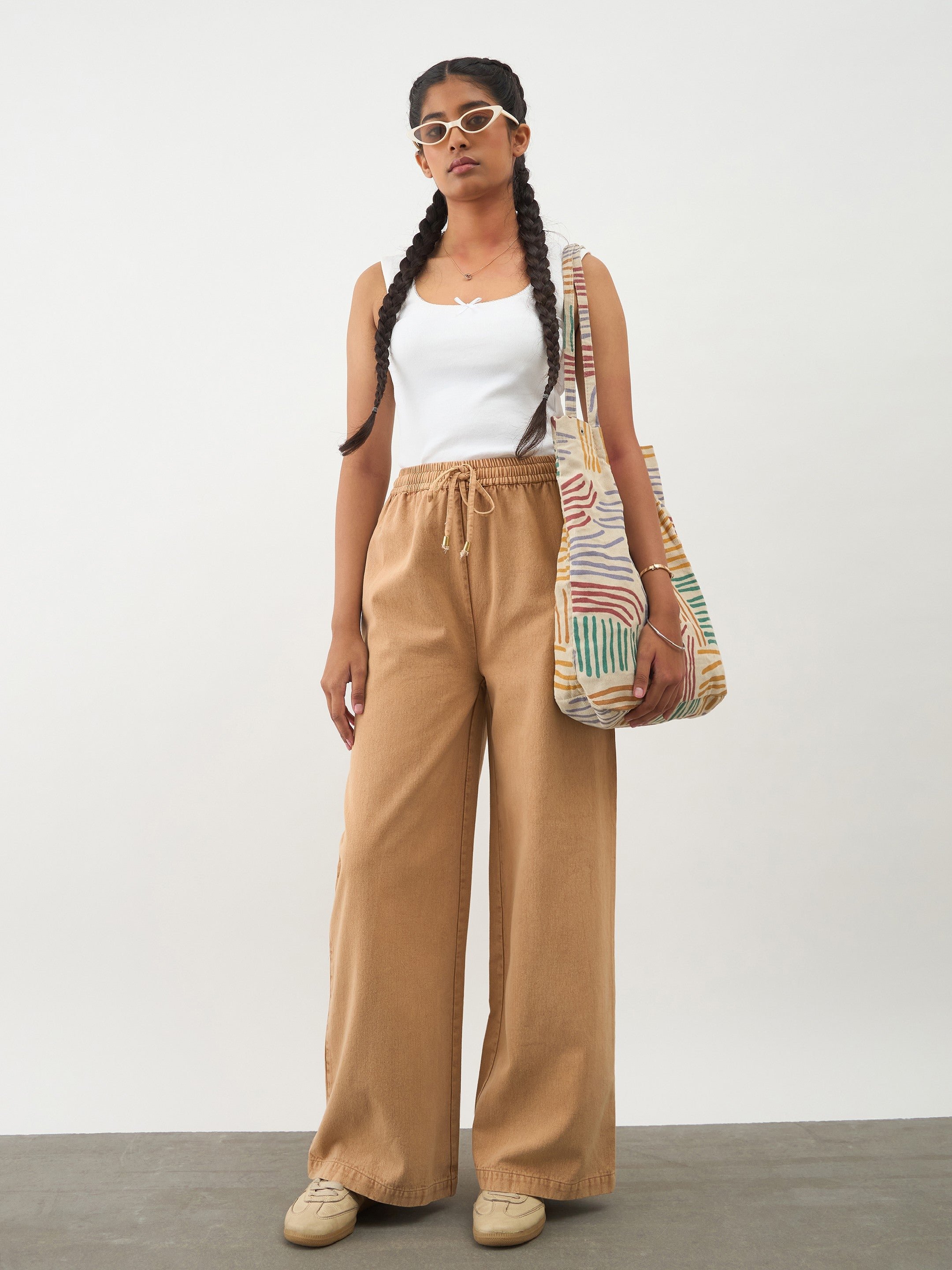 Girls Beige Wide Leg Drawstring Trousers