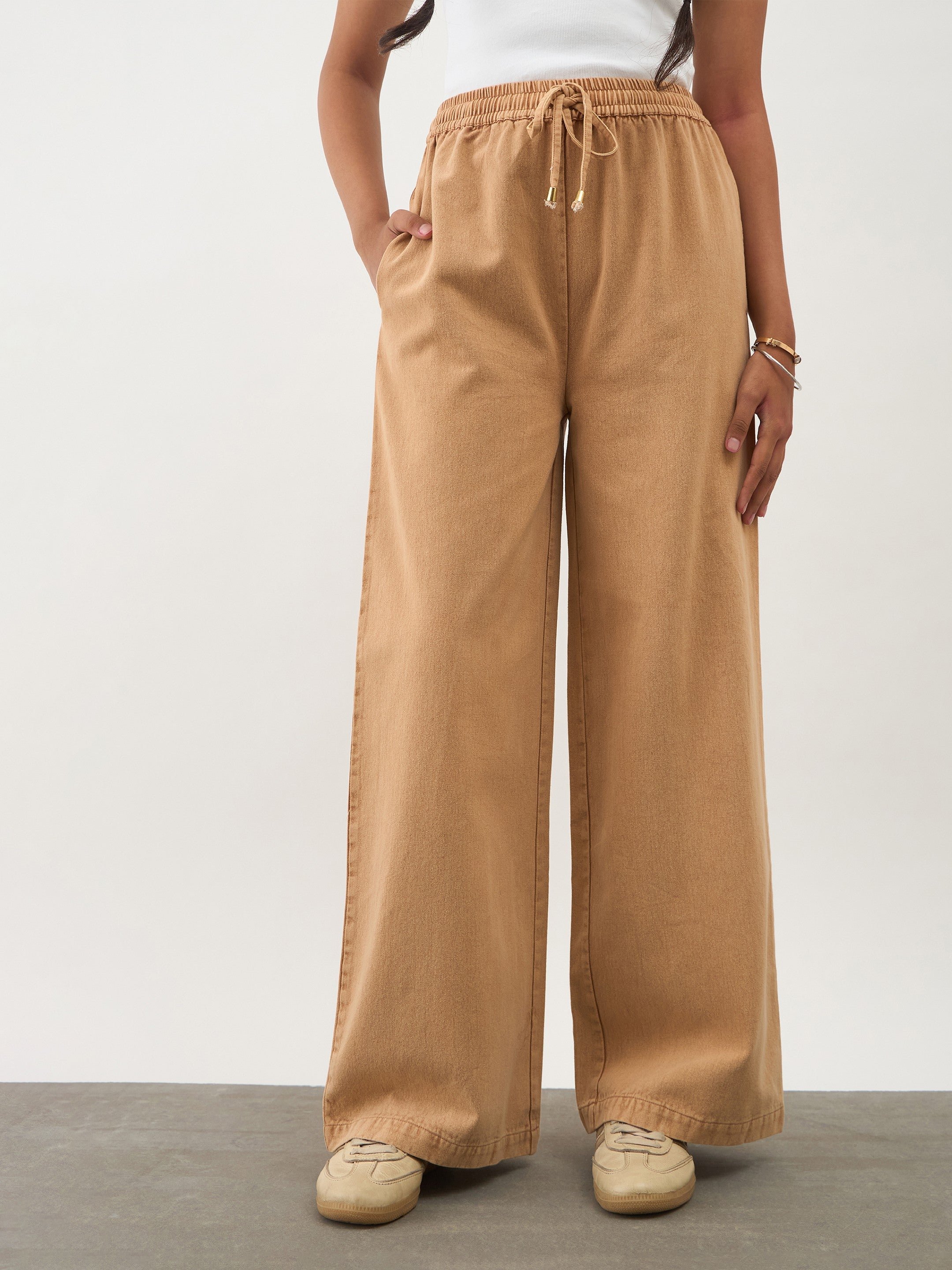 Girls Beige Wide Leg Drawstring Trousers