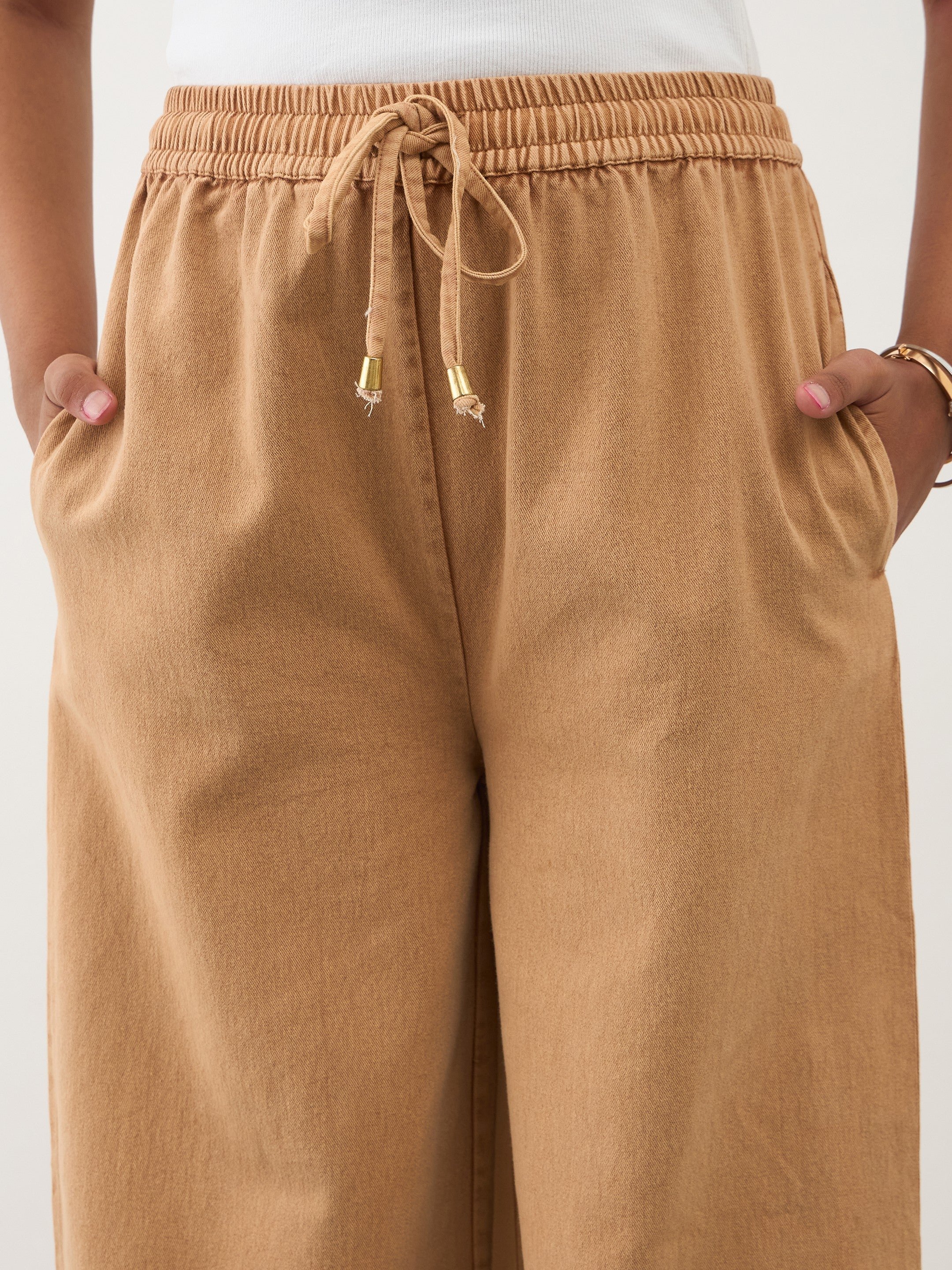 Girls Beige Wide Leg Drawstring Trousers