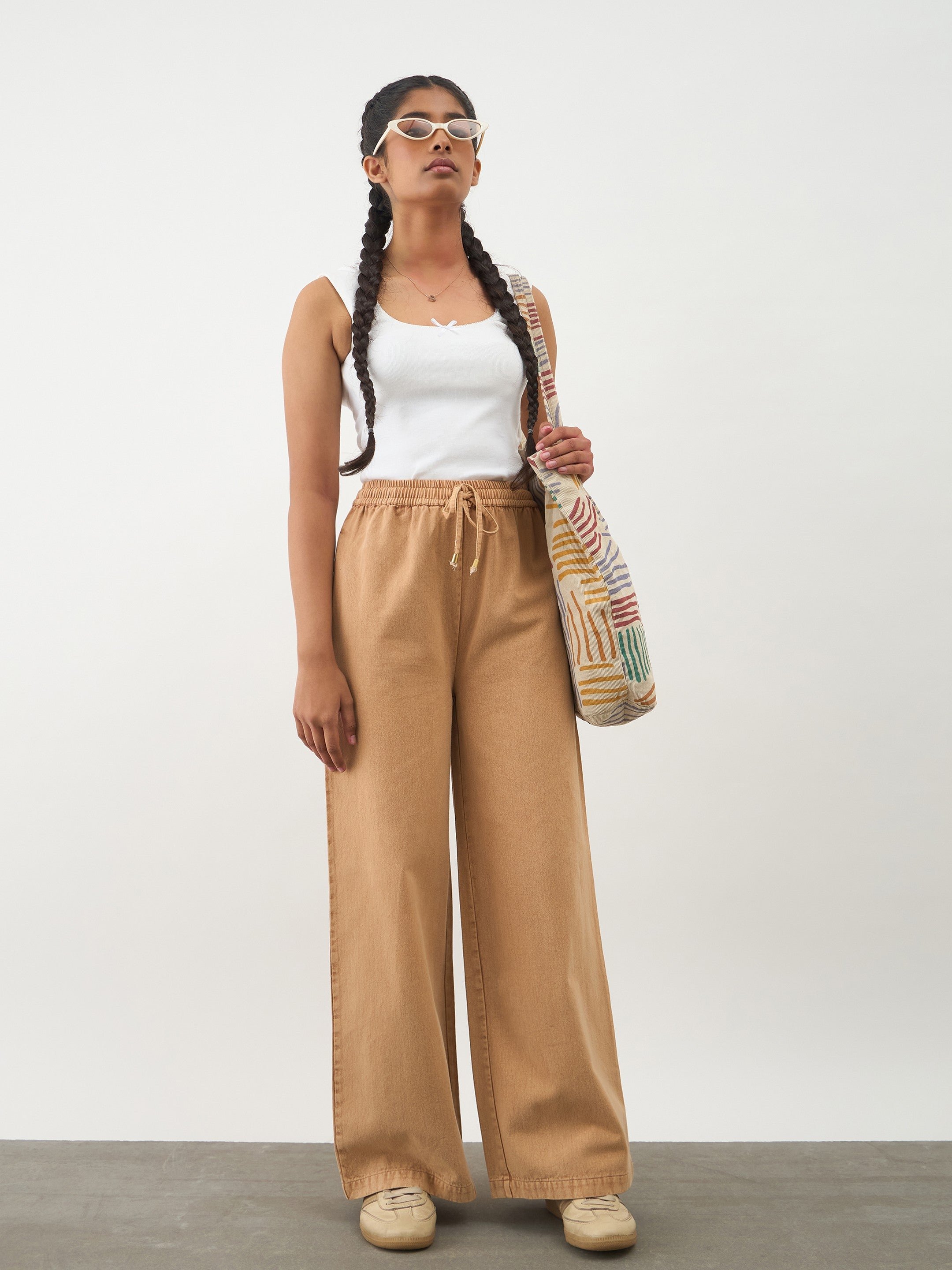 Girls Beige Wide Leg Drawstring Trousers