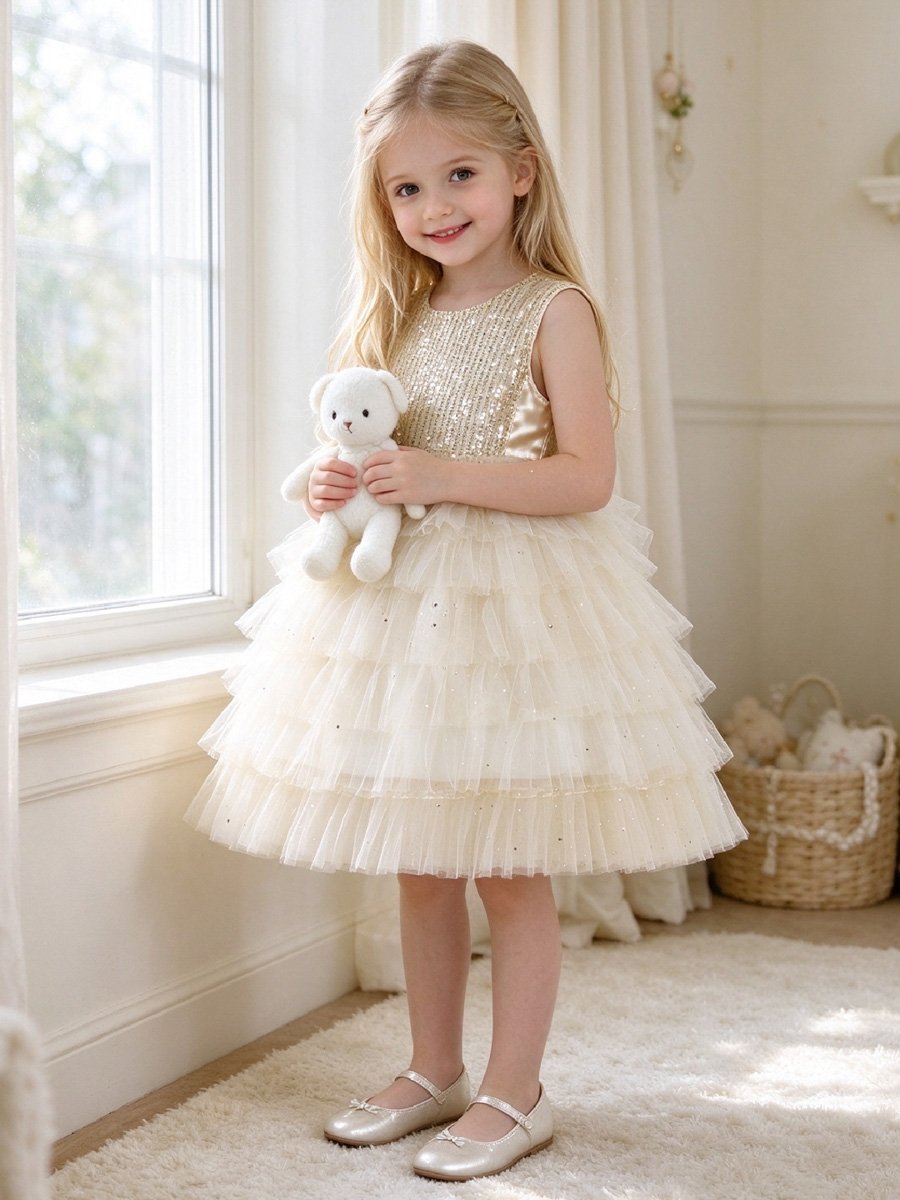 Beige Sequin Ruffle Mesh Dress